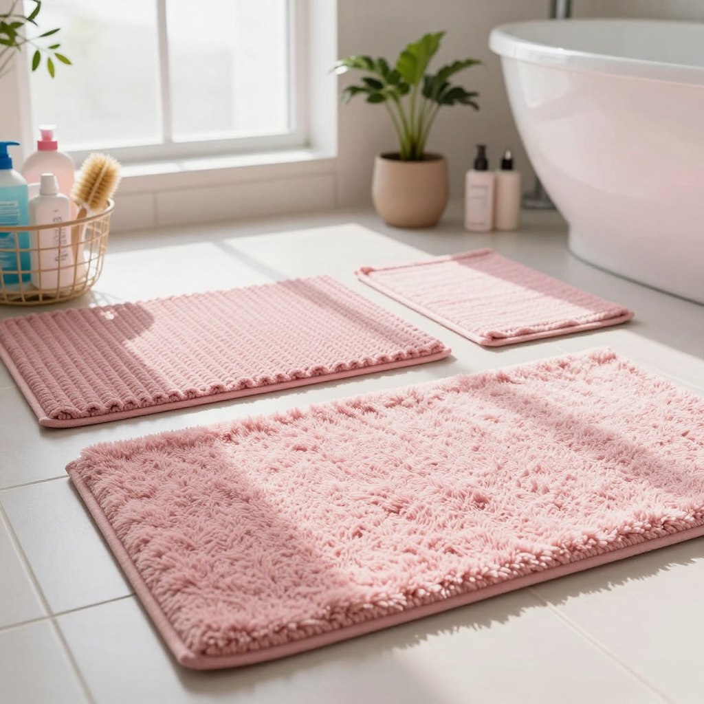 A serene bathroom scene featuring a set of pink bath rugs in various textures and styles, neatly arranged on a clean, tiled floor. In the foreground, focus on a plush, fluffy pink rug with soft fibers, while a smaller woven pink mat complements it. To the side, display an elegant basket filled with cleaning supplies, such as a gentle detergent and a brush, hinting at maintenance tips. The middle ground reveals a bright, airy bathroom illuminated by natural light streaming through a frosted window, casting soft shadows. The background includes tasteful decor, like potted plants and stylish toiletries, creating a cozy and inviting atmosphere. The overall mood should be calm and refreshing, ideal for a relaxing bathroom retreat. A serene bathroom scene featuring a set of pink bath rugs in various textures and styles, neatly arranged on a clean, tiled floor. In the foreground, focus on a plush, fluffy pink rug with soft fibers, while a smaller woven pink mat complements it. To the side, display an elegant basket filled with cleaning supplies, such as a gentle detergent and a brush, hinting at maintenance tips. The middle ground reveals a bright, airy bathroom illuminated by natural light streaming through a frosted window, casting soft shadows. The background includes tasteful decor, like potted plants and stylish toiletries, creating a cozy and inviting atmosphere. The overall mood should be calm and refreshing, ideal for a relaxing bathroom retreat.