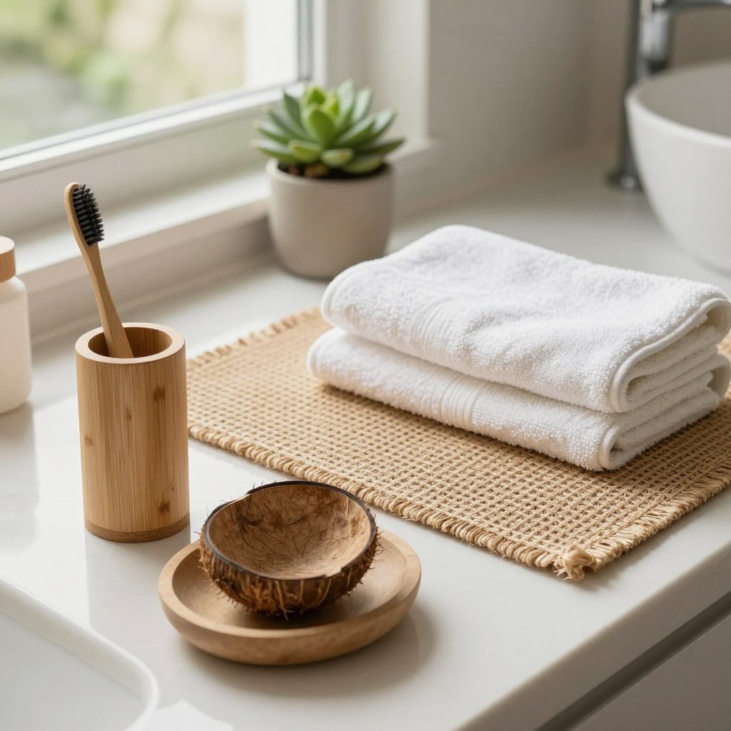 A serene bathroom scene featuring sustainable accessories made from natural materials. In the foreground, display a bamboo toothbrush holder and a set of biodegradable soap dishes crafted from coconut shells. In the middle, showcase a beautifully woven jute bath mat and a soft, organic cotton towel draped elegantly. The background should include subtle greenery, like a small potted plant or succulent, adding a fresh touch. Soft, natural lighting filters through a window, creating a warm and inviting atmosphere. The overall mood conveys tranquility and modern organic design, perfect for enhancing a fresh look in bathroom decor. Use a wide-angle lens to capture the entire scene from a slightly elevated angle, emphasizing an inviting and eco-friendly aesthetic. A serene bathroom scene featuring sustainable accessories made from natural materials. In the foreground, display a bamboo toothbrush holder and a set of biodegradable soap dishes crafted from coconut shells. In the middle, showcase a beautifully woven jute bath mat and a soft, organic cotton towel draped elegantly. The background should include subtle greenery, like a small potted plant or succulent, adding a fresh touch. Soft, natural lighting filters through a window, creating a warm and inviting atmosphere. The overall mood conveys tranquility and modern organic design, perfect for enhancing a fresh look in bathroom decor. Use a wide-angle lens to capture the entire scene from a slightly elevated angle, emphasizing an inviting and eco-friendly aesthetic.