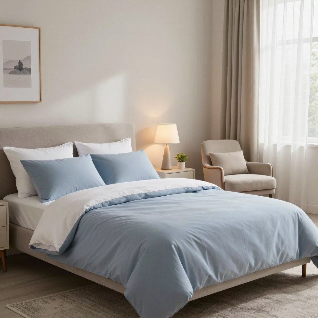 A serene bedroom designed for optimal sleep, featuring balanced furniture placement that enhances both style and tranquility. In the foreground, a neatly made bed with soft, calming linens in shades of blue and white, accented by plush pillows. To one side, an elegant nightstand with a minimalist lamp casting a warm glow, and a small potted plant for a touch of nature. In the middle, a spacious area rug that adds comfort, and an accent chair positioned for relaxation. The background showcases soft, neutral-colored walls adorned with framed art, and a sheer curtain filtering gentle sunlight. The atmosphere feels peaceful and inviting, promoting restful sleep and stylish living. The image is illuminated with natural light, capturing a harmonious balance that embodies restful elegance.