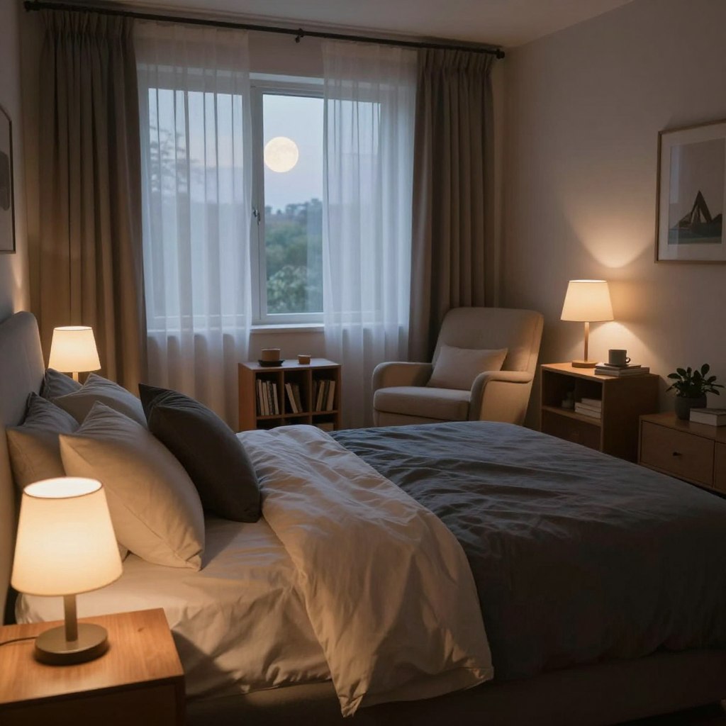 A serene bedroom designed to promote a consistent bedtime routine, featuring a neatly made bed with soft, calming bedding in muted colors. The foreground includes a cozy bedside table with a stylish lamp casting warm, gentle light. In the middle, an inviting armchair draped with a soft throw blanket, beside a small bookshelf filled with relaxing reads. The background showcases a large window with sheer curtains allowing soft, diffused moonlight to filter in, enhancing the tranquil atmosphere. The overall mood is peaceful and harmonious, inviting relaxation. The lighting emphasizes the warm tones, creating a calming ambiance. The scene is captured at a cozy angle that conveys warmth and comfort.