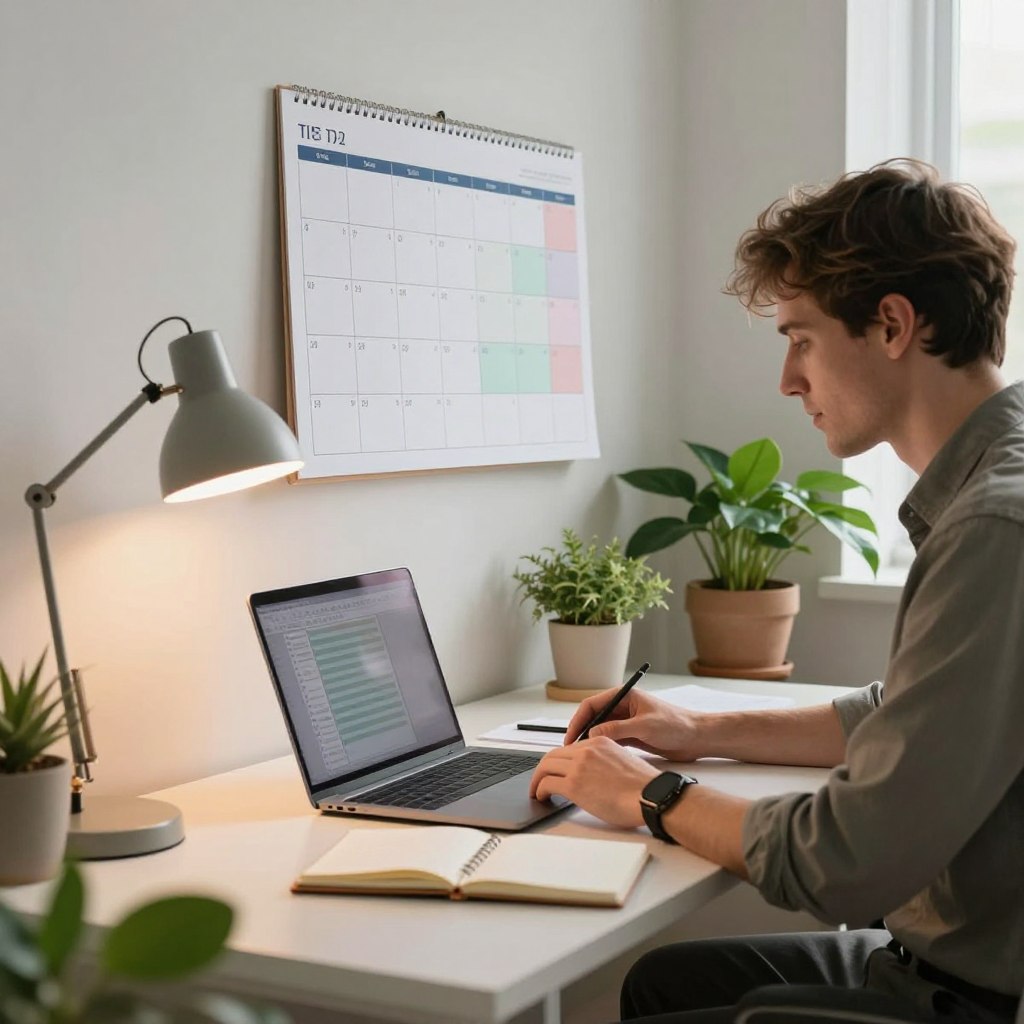 A serene home office scene showcasing productivity tips for an effective work schedule. In the foreground, a neatly organized desk with a sleek laptop, open planner, and a stylish desk lamp casting a warm light. A professional individual, dressed in smart casual attire, is focused on their work, surrounded by houseplants that add a touch of nature. In the middle ground, a large calendar on the wall features time-blocking schedules in a visually appealing layout. The background reveals a window with soft natural light streaming in, creating an inviting atmosphere. The overall mood is calm and inspiring, evoking the idea of a dedicated workspace that promotes focus and productivity. A serene home office scene showcasing productivity tips for an effective work schedule. In the foreground, a neatly organized desk with a sleek laptop, open planner, and a stylish desk lamp casting a warm light. A professional individual, dressed in smart casual attire, is focused on their work, surrounded by houseplants that add a touch of nature. In the middle ground, a large calendar on the wall features time-blocking schedules in a visually appealing layout. The background reveals a window with soft natural light streaming in, creating an inviting atmosphere. The overall mood is calm and inspiring, evoking the idea of a dedicated workspace that promotes focus and productivity.