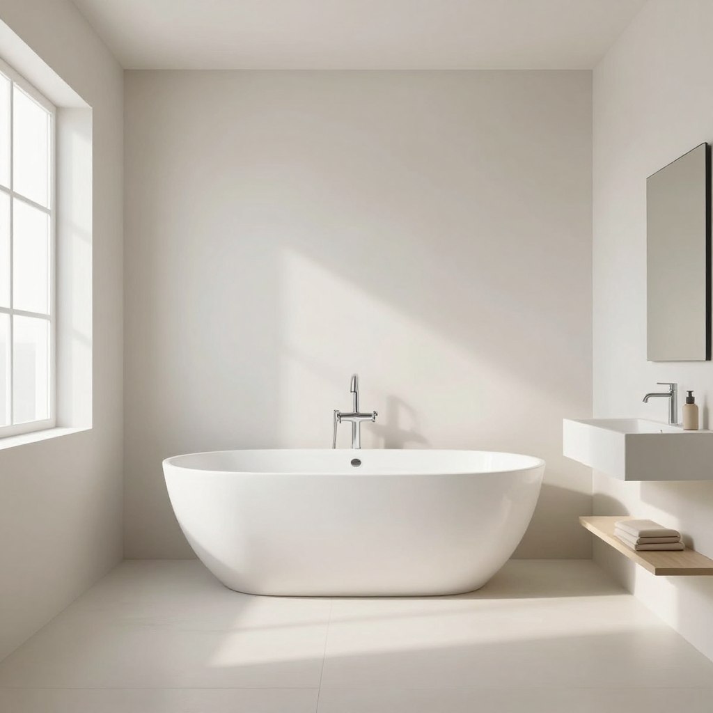 A serene minimalist bathroom featuring clean lines and an uncluttered design. In the foreground, a sleek, freestanding bathtub with a matte finish sits beside a small, round wooden stool holding a single potted plant. The middle ground showcases a floating vanity with a vessel sink, surrounded by soft, neutral-toned walls and a large, unobtrusive mirror reflecting ambient light. The background includes a frosted glass window allowing natural light to filter in gently. Soft shadows and warm lighting create a tranquil atmosphere, enhancing the feeling of spaciousness. The scene captures the essence of modern simplicity, promoting a calming, spa-like environment. No people are depicted, allowing the focus to remain on the decor.