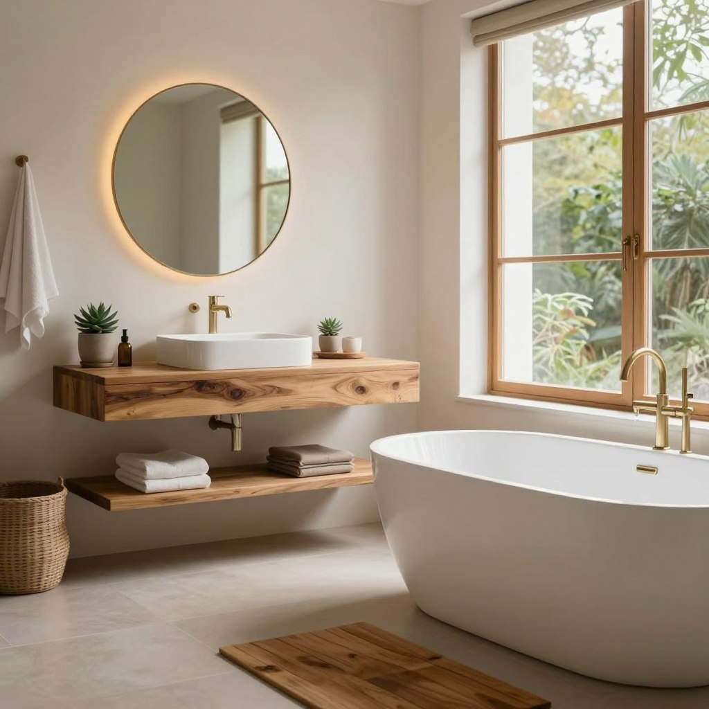 A serene, minimalist spa bathroom featuring a clean design with natural elements. In the foreground, a sleek wooden bath mat complements a modern freestanding soaking tub filled with smooth river stones. The middle layer includes a floating vanity made of reclaimed wood, adorned with small potted succulents and a round, frameless mirror reflecting soft, diffused light. In the background, large windows allow natural daylight to flood the space, highlighting earthy tones and textures. Greenery peeks in from outside, creating a harmonious indoor-outdoor connection. The atmosphere is tranquil and inviting, evoking a sense of wellness and relaxation. Use soft, warm lighting to enhance the peaceful ambiance, and capture the scene from a slight angle to show depth and perspective. A serene, minimalist spa bathroom featuring a clean design with natural elements. In the foreground, a sleek wooden bath mat complements a modern freestanding soaking tub filled with smooth river stones. The middle layer includes a floating vanity made of reclaimed wood, adorned with small potted succulents and a round, frameless mirror reflecting soft, diffused light. In the background, large windows allow natural daylight to flood the space, highlighting earthy tones and textures. Greenery peeks in from outside, creating a harmonious indoor-outdoor connection. The atmosphere is tranquil and inviting, evoking a sense of wellness and relaxation. Use soft, warm lighting to enhance the peaceful ambiance, and capture the scene from a slight angle to show depth and perspective.