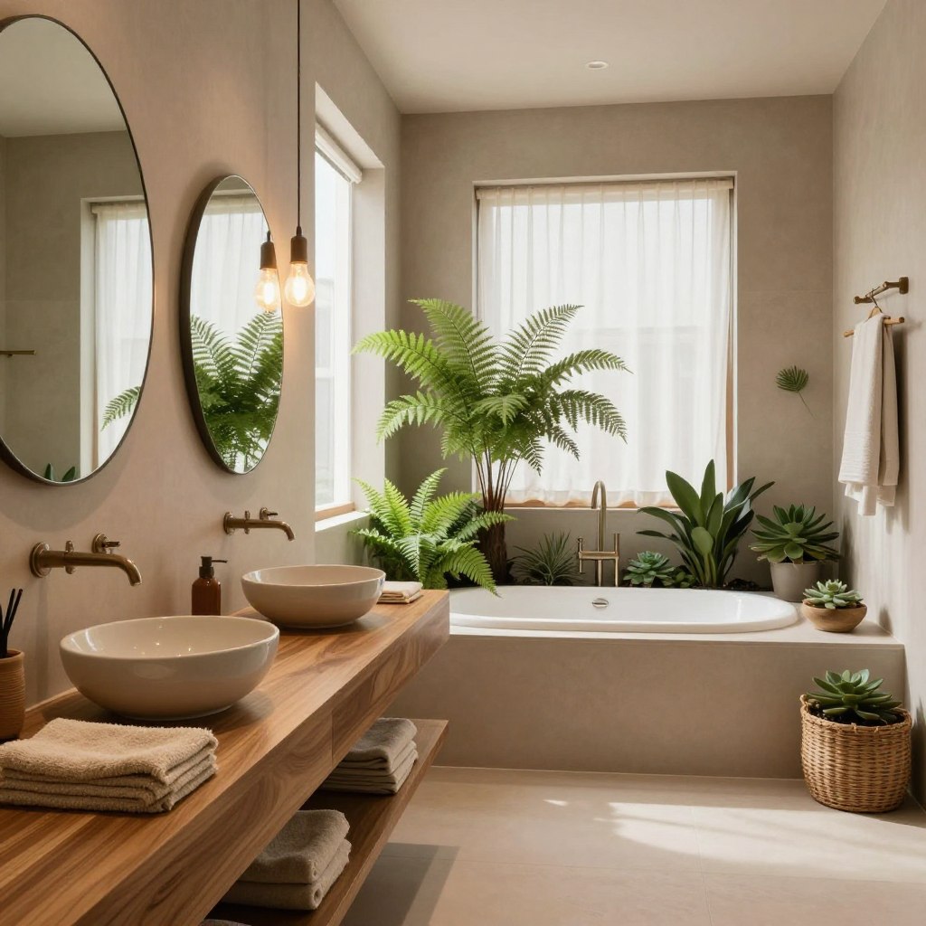 A serene modern bathroom featuring an organic design with earth tones, showcasing warm natural colors like soft browns, muted greens, and sandy beiges. In the foreground, a stylish wooden vanity with large, round mirrors reflecting incandescent lighting creates an inviting ambiance. Gleaming ceramic bowls and natural fiber towels add texture. The middle ground includes a spacious bathtub surrounded by plants such as ferns and succulents, enhancing the organic feel. The background reveals a window with sheer curtains allowing soft, diffused daylight to flood in, highlighting the earthy palette. The mood is tranquil and refreshing, perfect for a calming retreat. The angle captures a wide view, emphasizing the harmonious balance between modern aesthetics and nature-inspired elements. A serene modern bathroom featuring an organic design with earth tones, showcasing warm natural colors like soft browns, muted greens, and sandy beiges. In the foreground, a stylish wooden vanity with large, round mirrors reflecting incandescent lighting creates an inviting ambiance. Gleaming ceramic bowls and natural fiber towels add texture. The middle ground includes a spacious bathtub surrounded by plants such as ferns and succulents, enhancing the organic feel. The background reveals a window with sheer curtains allowing soft, diffused daylight to flood in, highlighting the earthy palette. The mood is tranquil and refreshing, perfect for a calming retreat. The angle captures a wide view, emphasizing the harmonious balance between modern aesthetics and nature-inspired elements.