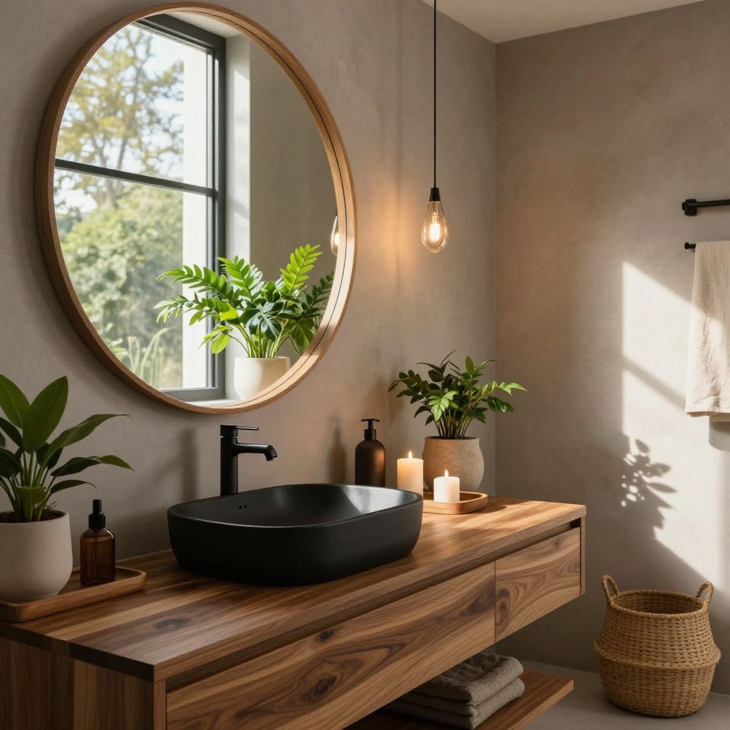 A serene modern bathroom featuring organic decor elements, showcasing natural materials like warm wood, smooth stones, and lush greenery. In the foreground, a matte black sink with elegant lines complements a dark wooden vanity. The middle ground reveals a large, round mirror with a wooden frame, reflecting potted plants and candles that add warmth. The background includes a large window letting in soft, natural light, illuminating the space with a tranquil glow. The walls are clad in muted, earthy tones, enhancing the organic feel. A woven basket sits in the corner, and raindrop-shaped pendant lights hang from the ceiling, casting gentle shadows. This image captures a fresh, inviting atmosphere that embodies modern organic aesthetics in bathroom design. A serene modern bathroom featuring organic decor elements, showcasing natural materials like warm wood, smooth stones, and lush greenery. In the foreground, a matte black sink with elegant lines complements a dark wooden vanity. The middle ground reveals a large, round mirror with a wooden frame, reflecting potted plants and candles that add warmth. The background includes a large window letting in soft, natural light, illuminating the space with a tranquil glow. The walls are clad in muted, earthy tones, enhancing the organic feel. A woven basket sits in the corner, and raindrop-shaped pendant lights hang from the ceiling, casting gentle shadows. This image captures a fresh, inviting atmosphere that embodies modern organic aesthetics in bathroom design.