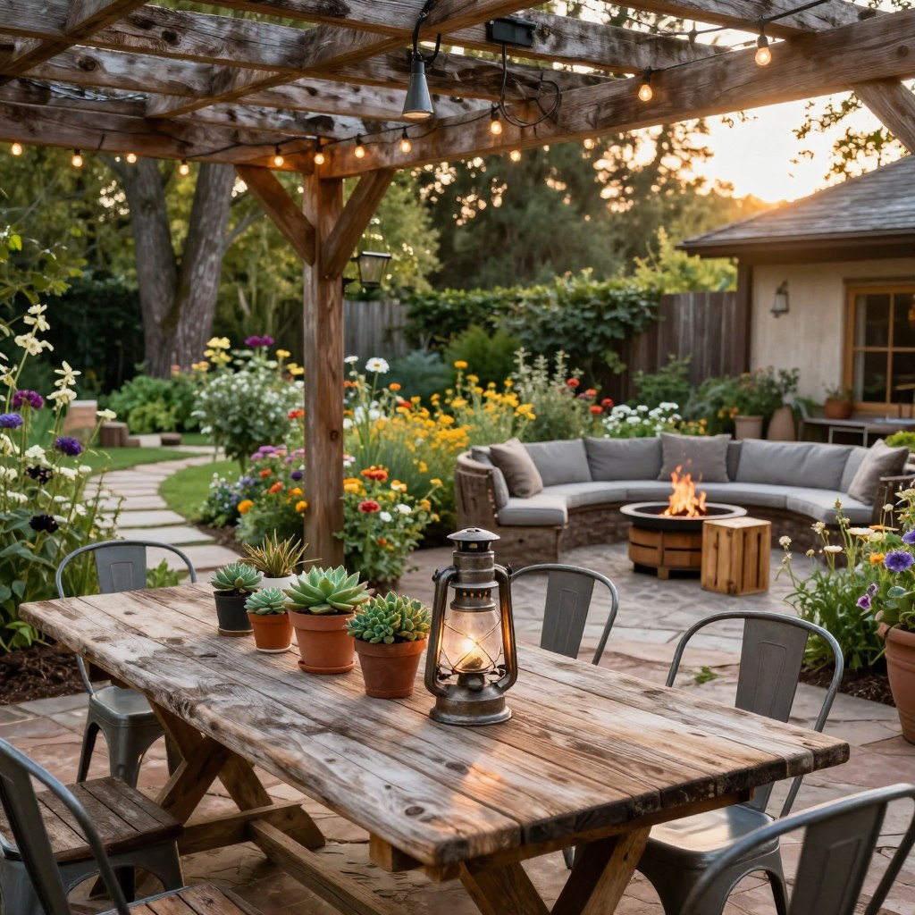 A serene outdoor patio featuring rustic decor with industrial farmhouse elements. In the foreground, a weathered wooden dining table adorned with an array of potted succulents and a vintage metal lantern. A mix of wooden and metal chairs surround the table, set invitingly under a wooden pergola draped with soft, fairy lights. The middle ground showcases a lush garden with wildflowers and rustic stone pathways, leading to a charming seating area with a cozy fire pit and repurposed wooden crates as side tables. In the background, tall trees and a hint of a rustic wooden fence provide a natural enclosure. The lighting is warm and golden, suggesting late afternoon, creating a cozy and inviting atmosphere perfect for outdoor gatherings. The composition is captured from a slight angle, offering a rich perspective of the decor. A serene outdoor patio featuring rustic decor with industrial farmhouse elements. In the foreground, a weathered wooden dining table adorned with an array of potted succulents and a vintage metal lantern. A mix of wooden and metal chairs surround the table, set invitingly under a wooden pergola draped with soft, fairy lights. The middle ground showcases a lush garden with wildflowers and rustic stone pathways, leading to a charming seating area with a cozy fire pit and repurposed wooden crates as side tables. In the background, tall trees and a hint of a rustic wooden fence provide a natural enclosure. The lighting is warm and golden, suggesting late afternoon, creating a cozy and inviting atmosphere perfect for outdoor gatherings. The composition is captured from a slight angle, offering a rich perspective of the decor.