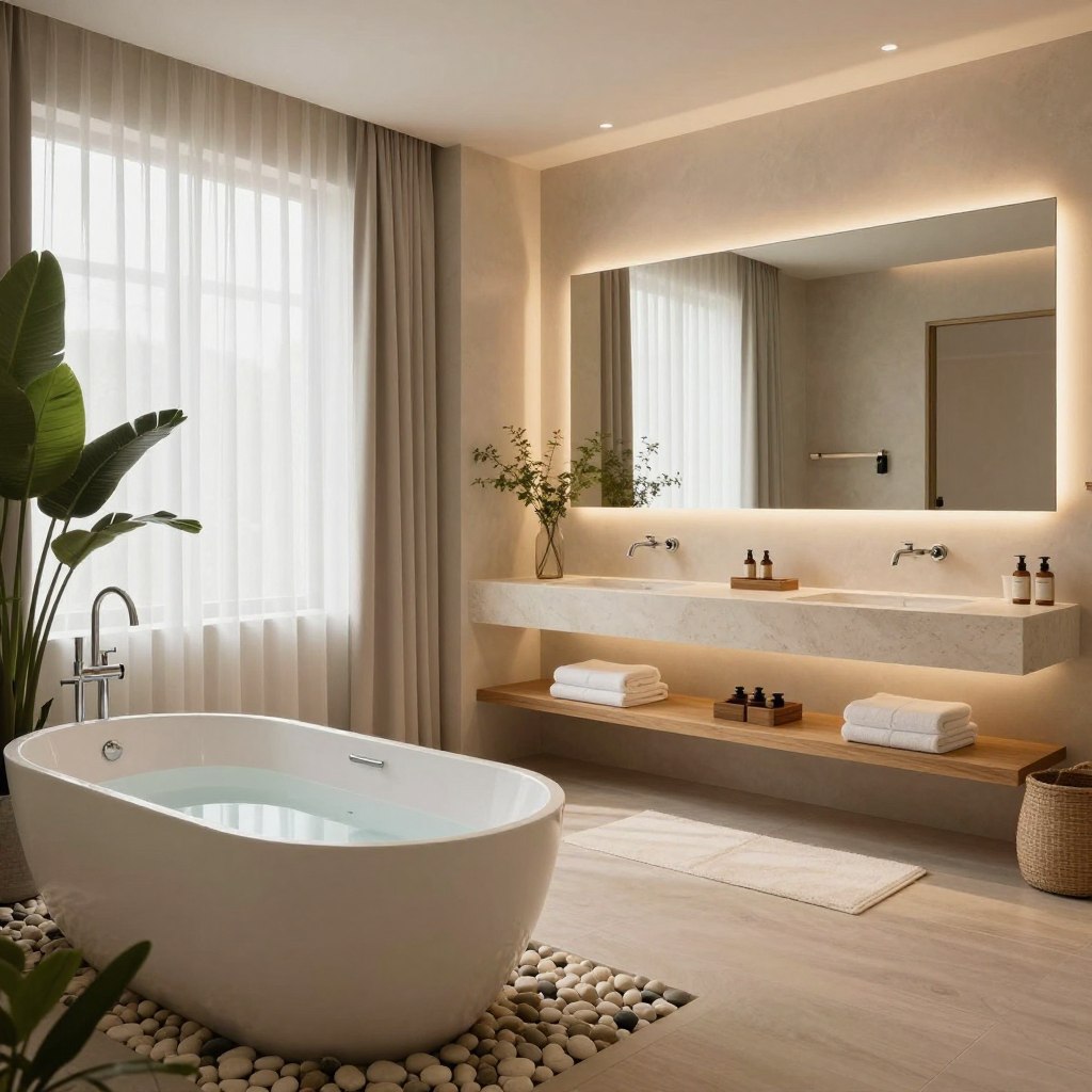 A serene, spa-inspired bathroom remodel featuring soft, neutral tones and natural materials. The foreground showcases a freestanding soaking tub surrounded by smooth pebbles and lush greenery. In the middle, a double vanity with elegant stone countertops is illuminated by warm, ambient lighting. A large mirror reflects the space, enhancing its openness. The background includes a spacious window with sheer curtains that softly diffuse natural light, creating a tranquil atmosphere. The flooring is a muted wood or porcelain tile, harmonizing with the overall aesthetic. The mood is calm and inviting, perfect for relaxation and rejuvenation, captured from a slightly elevated angle to display the full layout and details of this modern oasis.