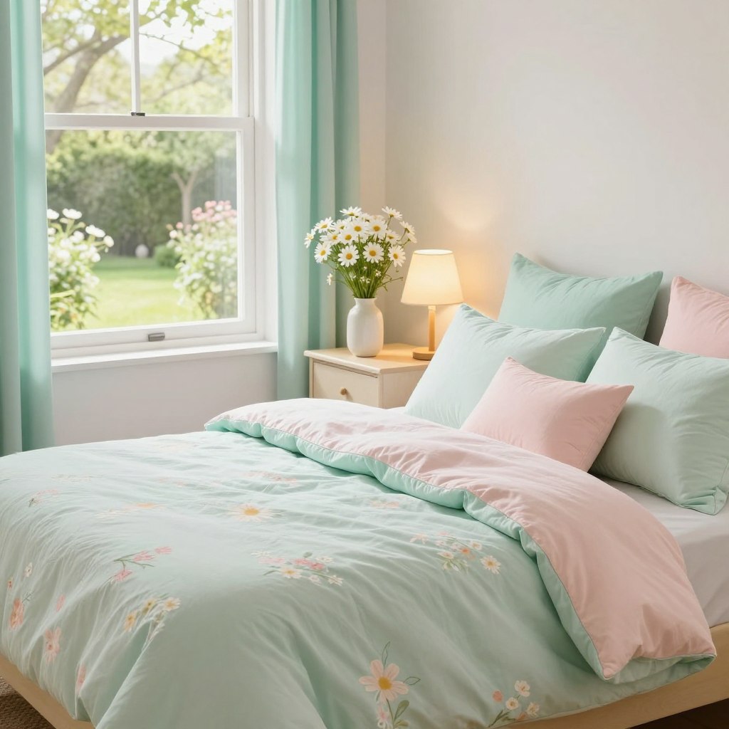 A serene spring bedroom scene filled with soft pastel colors, focusing on a harmonious blend of mint green, blush pink, and pale yellow accents. In the foreground, a beautifully made bed adorned with plush pillows and a lightweight quilt featuring floral patterns. The middle ground showcases a stylish bedside table with a simple vase of fresh daisies and a cozy lamp casting a warm glow. In the background, a window reveals a sunlit garden, allowing natural light to flood the space, creating a vibrant and inviting atmosphere. Use a wide-angle lens to capture the airy feel of the room, emphasizing the tranquility and freshness of spring. Ideal soft lighting enhances the pastel hues, evoking a mood of comfort and rejuvenation.