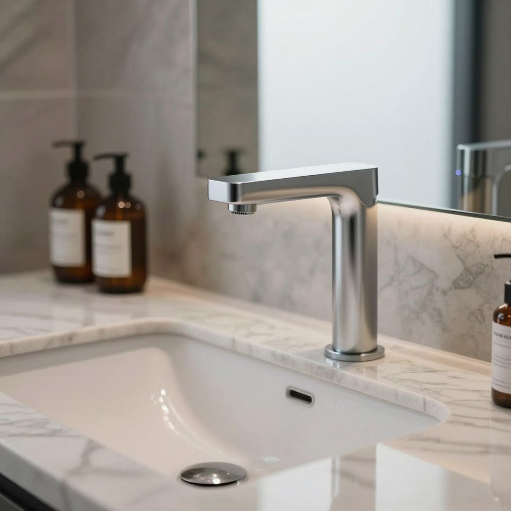 A sleek and modern touchless faucet prominently displayed in a contemporary bathroom setting, focusing on its innovative design and functionality. In the foreground, the faucet is shown with its sensor illuminated, capturing the essence of touchless technology. The middle ground features a stylish sink with elegant marble accents and neatly arranged toiletries, enhancing the luxurious feel. In the background, soft natural light filters in through a frosted window, creating a serene atmosphere with subtle reflections on the water surface. The camera angle is slightly downward, emphasizing the faucet while maintaining the context of the bathroom. The overall mood conveys cleanliness, modernity, and the convenience of touchless technology, inviting viewers to envision its benefits. A sleek and modern touchless faucet prominently displayed in a contemporary bathroom setting, focusing on its innovative design and functionality. In the foreground, the faucet is shown with its sensor illuminated, capturing the essence of touchless technology. The middle ground features a stylish sink with elegant marble accents and neatly arranged toiletries, enhancing the luxurious feel. In the background, soft natural light filters in through a frosted window, creating a serene atmosphere with subtle reflections on the water surface. The camera angle is slightly downward, emphasizing the faucet while maintaining the context of the bathroom. The overall mood conveys cleanliness, modernity, and the convenience of touchless technology, inviting viewers to envision its benefits.