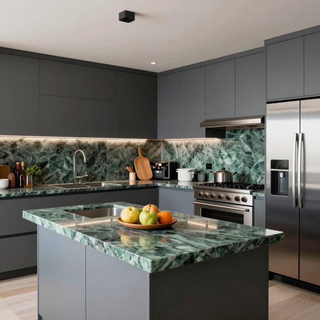 A sleek modern kitchen featuring elegant quartz countertops in a pristine white finish with subtle gray veining. The foreground showcases a neatly arranged kitchen island with bar stools, perfect for casual dining. In the middle ground, a well-organized kitchen workspace includes stainless steel appliances and stylish cabinetry with minimalist handles. The background reveals large windows letting in natural light, enhancing the open and airy atmosphere. The scene is bathed in warm, inviting lighting, creating a cozy yet sophisticated ambiance. The camera angle is slightly elevated, providing a comprehensive view of the design elements, accentuating the seamless blend of functionality and aesthetics in contemporary kitchen design. The overall mood is modern, clean, and inviting, ideal for inspiring home improvement ideas.