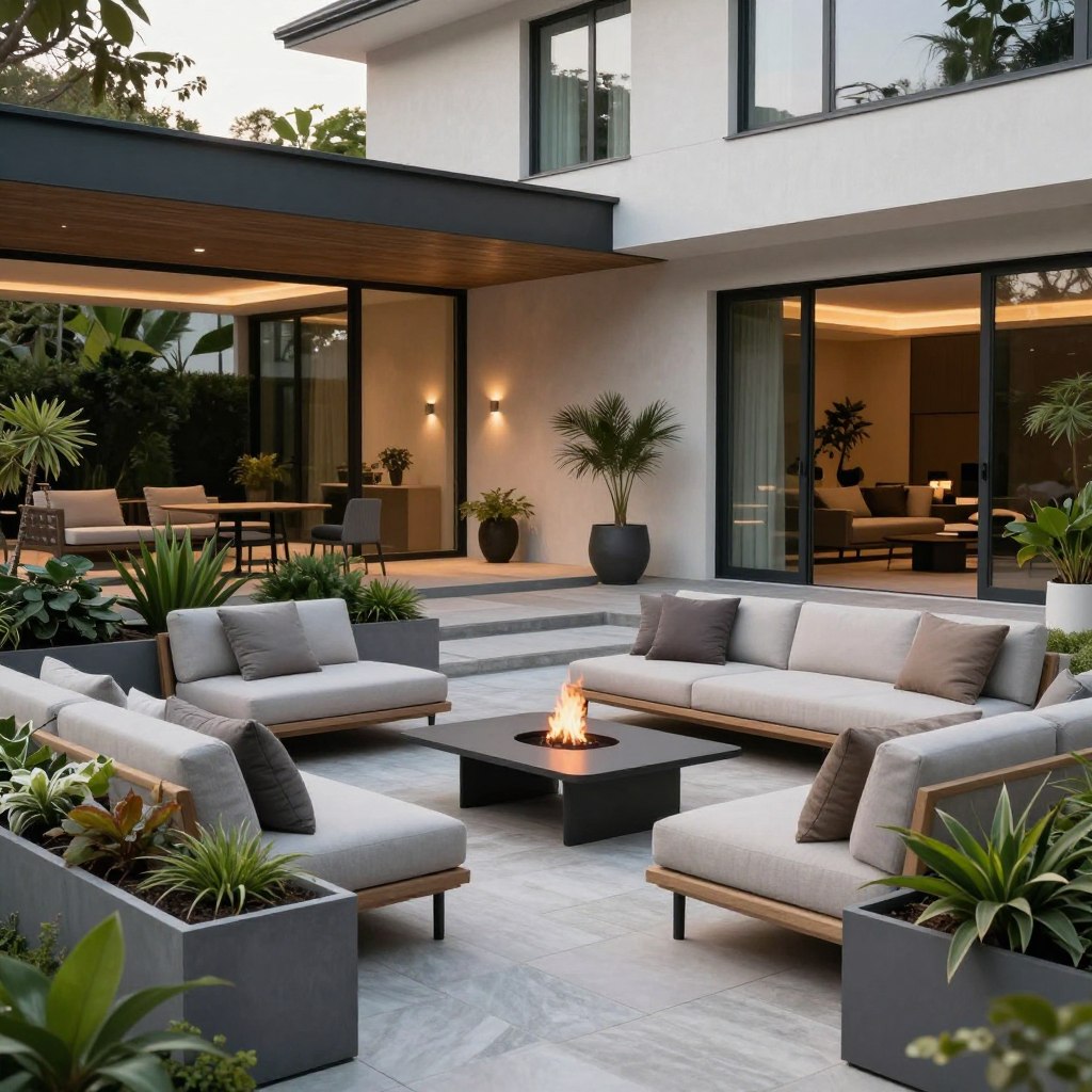 A sleek modern patio with minimalist design elements, featuring a low-profile outdoor sofa with neutral-toned cushions, a minimalist coffee table, and decorative indoor plants in stylish pots. The foreground showcases a tastefully arranged seating area, surrounded by linear planters filled with lush greenery. In the middle ground, a stone pathway leads to a modern fire pit, inviting warmth and a cozy ambiance. The background features a clean, contemporary house with large glass windows, allowing natural light to flood the space. Soft evening lighting casts gentle shadows, enhancing the serene atmosphere. Use a wide-angle lens to capture the entire layout, ensuring a spacious feel. The scene exudes tranquility, ideal for a contemporary outdoor retreat.