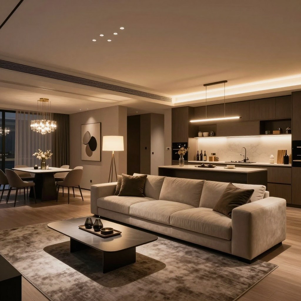A sophisticated apartment interior reimagined with a high-end makeover, featuring strategic lighting design. In the foreground, a sleek, modern living room with a plush, neutral-colored sofa adorned with elegant cushions. A minimalist coffee table sits on a textured rug. The middle ground showcases ambient lighting with stylish fixtures, including a chandelier and strategically placed floor lamps, casting a warm glow across the space. Soft shadows enhance the room's contours. In the background, a tastefully decorated kitchen area with open shelving and tasteful decor complements the overall aesthetic. Capture this from a slightly elevated angle to emphasize the lighting effects and the spacious feel of the room. The atmosphere should be inviting and upscale, exuding luxury and comfort.