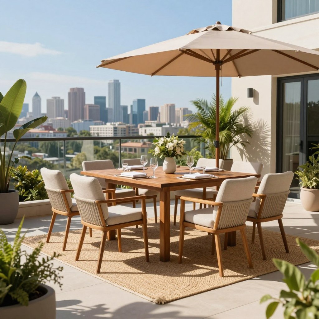 A spacious balcony adorned with elegant outdoor dining furniture, featuring a stylish wooden dining table set for six with chic, comfortable chairs. In the foreground, lush greenery in planters adds a touch of nature, while a tasteful table setting enhances the inviting atmosphere. The middle ground showcases a soft, woven area rug beneath the dining set, positioned under a modern shade umbrella to provide comfort. In the background, the city skyline glistens under a bright blue sky, with sunlight casting soft, natural shadows across the balcony. The scene captures a serene and sophisticated mood, making it perfect for hosting meals outdoors. Use a slightly elevated angle to emphasize the layout and spaciousness, complemented by warm, natural lighting to create a welcoming ambience.