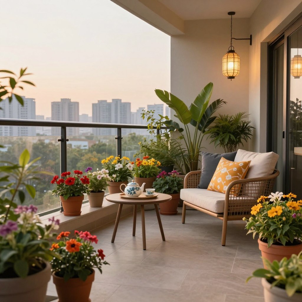 A spacious balcony decorated with elegant and functional elements, showcasing potted plants, hanging lanterns, and stylish outdoor furniture. In the foreground, vibrant flowers in various pots create a lively atmosphere, while a small table set with a charming teapot and delicate cups invites relaxation. In the middle, cozy lounge chairs with soft cushions provide comfort, and tasteful decorative pillows add a pop of color. In the background, a city skyline with soft evening light casts a warm glow, creating a tranquil ambiance. The scene is lit with warm, golden hour sunlight, enhancing the inviting atmosphere. Shot from a low angle to emphasize the decor and the sense of space, the overall mood is serene and stylish, making it an inspiring visual for balcony design enthusiasts.