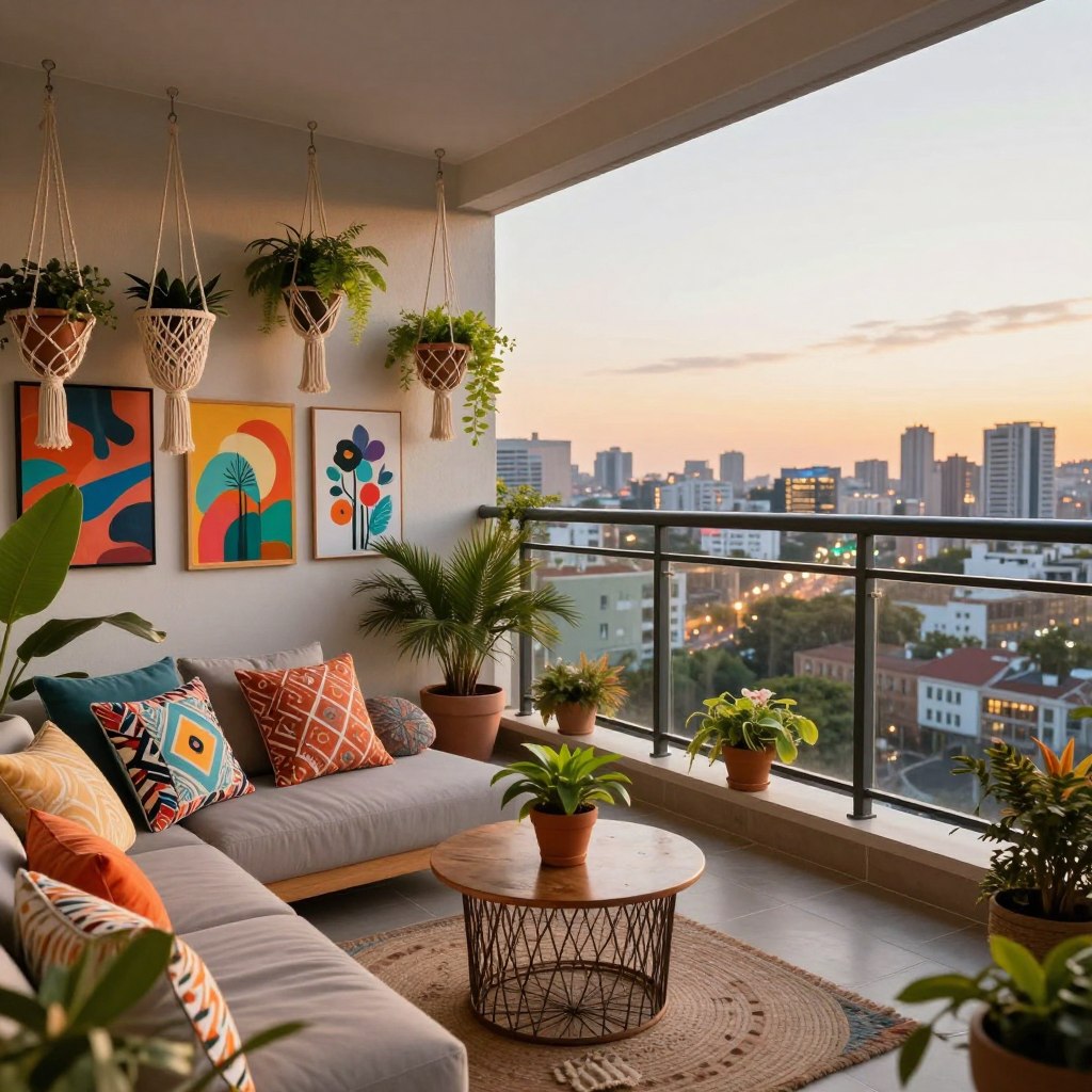 A spacious balcony decorated with personalized themes that highlight unique style choices. In the foreground, include cozy seating featuring colorful, patterned cushions and a small, stylish coffee table with a potted plant. In the middle, showcase decorative elements like string lights, hanging macramé planters filled with lush greenery, and vibrant wall art reflecting various personal interests. In the background, depict a stunning cityscape under a warm golden hour light, creating an inviting atmosphere. Use a wide-angle lens to capture the expansive feel of the balcony while softening shadows for a dreamy look. The mood should evoke comfort and creativity, inspiring viewers to envision their own unique balcony space.