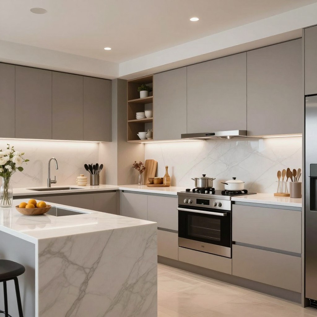 A spacious modern kitchen design featuring clean lines and contemporary fixtures. In the foreground, a sleek island with a white quartz countertop is adorned with minimalist bar stools. The middle ground showcases dark wood cabinetry with stainless steel handles, harmoniously integrated with state-of-the-art appliances. Soft overhead lighting illuminates the space, casting a warm glow on the polished tile backsplash. Large windows in the background allow natural light to spill in, highlighting the harmonious blend of textures. The overall atmosphere is elegant and inviting, creating a sophisticated yet functional cooking space. The image is captured from a wide-angle perspective to emphasize the openness and modern style, with a focus on balance and simplicity.
