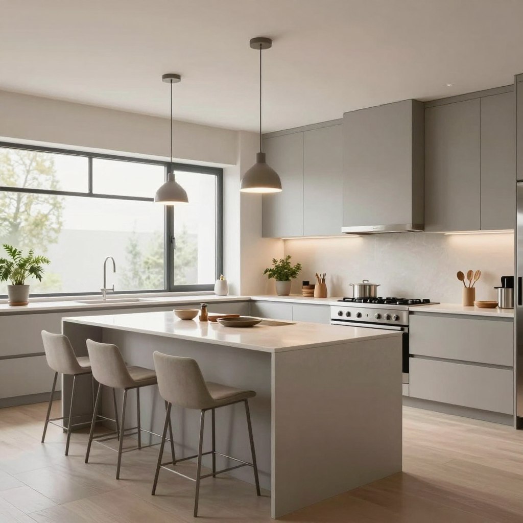 A spacious modern kitchen featuring a neutral color palette of soft greys, whites, and warm beige tones. In the foreground, a sleek kitchen island with a polished countertop and minimalist bar stools. The middle section showcases clean lines with elegant cabinetry and stainless steel appliances, all bathed in soft, natural light from large windows. The background includes subtle decorative elements like potted herbs and stylish pendant lighting hanging above the island, creating a warm and inviting atmosphere. The scene is shot from a slightly elevated angle to capture the elegance and spaciousness of the design, while maintaining a fresh, airy feel throughout the space. The overall mood is modern, contemporary, and serene, perfect for a sophisticated home kitchen.
