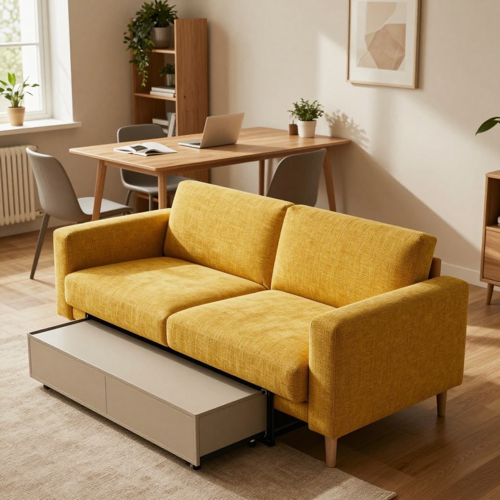 A stylish and functional small living space featuring multi-functional furniture. In the foreground, showcase a sleek sofa bed with a vibrant, textured fabric, transformed into a bed, accompanied by a compact, modern coffee table that has hidden storage. The middle ground includes a versatile dining table that can double as a workspace, surrounded by minimalist chairs. In the background, a well-organized shelving unit with greenery adds life to the scene. Soft, natural light filters through a nearby window, casting gentle shadows and enhancing the cozy atmosphere. This image should evoke a sense of innovation and comfort, ideal for small urban apartments, captured from a slightly elevated angle to showcase the entire arrangement in a warm, inviting setting. A stylish and functional small living space featuring multi-functional furniture. In the foreground, showcase a sleek sofa bed with a vibrant, textured fabric, transformed into a bed, accompanied by a compact, modern coffee table that has hidden storage. The middle ground includes a versatile dining table that can double as a workspace, surrounded by minimalist chairs. In the background, a well-organized shelving unit with greenery adds life to the scene. Soft, natural light filters through a nearby window, casting gentle shadows and enhancing the cozy atmosphere. This image should evoke a sense of innovation and comfort, ideal for small urban apartments, captured from a slightly elevated angle to showcase the entire arrangement in a warm, inviting setting.