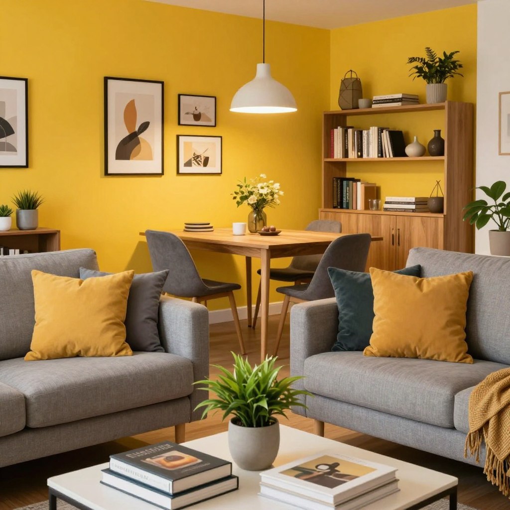 A stylish apartment decor scene featuring a vibrant accent wall in a cheerful yellow hue, complemented by modern furnishings. In the foreground, a cozy, elegantly arranged seating area with a plush gray sofa adorned with colorful throw pillows. A chic coffee table is adorned with a few decorative books and a vibrant green plant. In the middle, an inviting dining space with a sleek wooden table surrounded by design-forward chairs, all under warm, ambient lighting that casts a soft glow. The background reveals a stylish bookshelf filled with curated decor items and framed art on the accent wall, enhancing a lively atmosphere. The overall mood is energizing and uplifting, showcasing a contemporary style that inspires refreshment and creativity in apartment living.