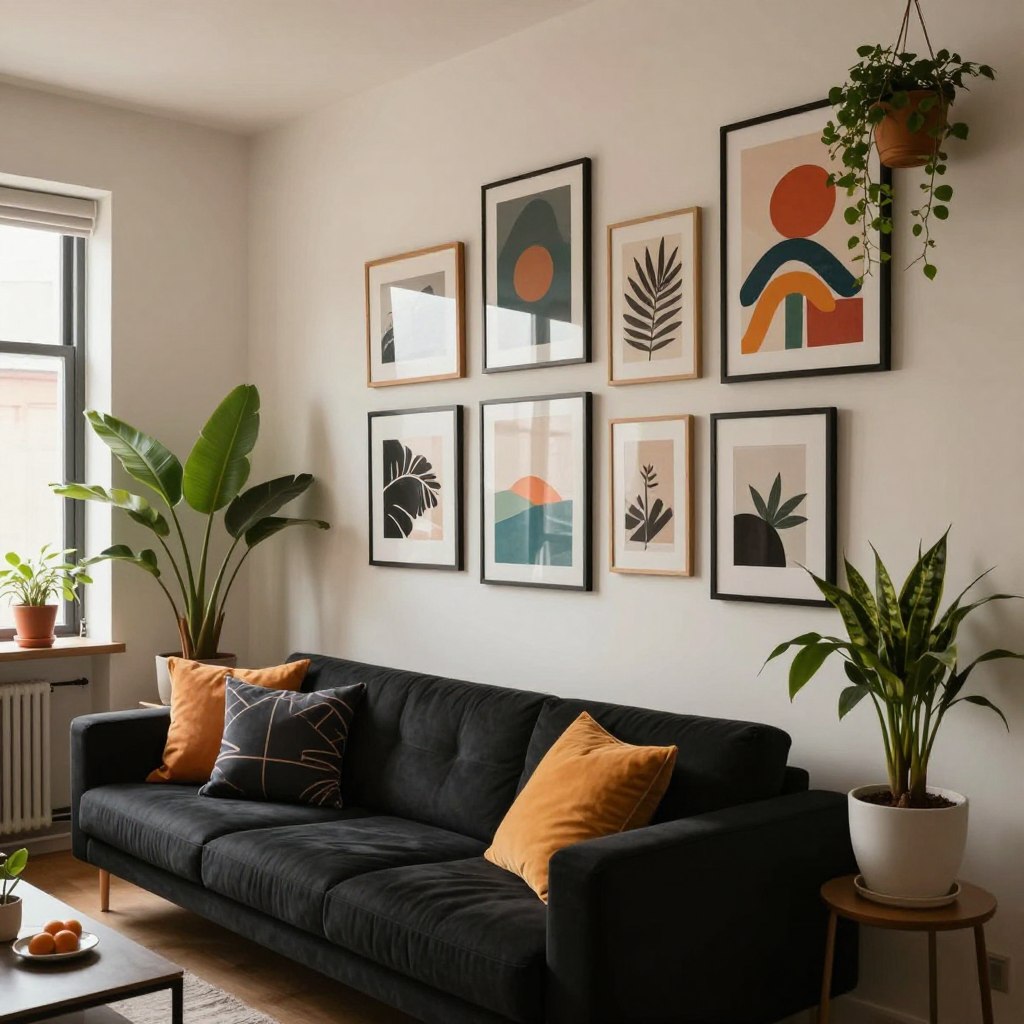 A stylish apartment interior featuring chic decor and personal artwork artfully displayed on the walls. In the foreground, a cozy seating area with a modern sofa adorned with colorful throw pillows and a textured blanket. In the middle, a gallery wall showcasing a variety of framed personal artworks in different styles, including abstract and landscape pieces, complemented by indoor plants in elegant pots. The background reveals large windows allowing soft, natural light to pour in, enhancing the warm, inviting atmosphere. The scene is captured from a slightly elevated angle to show the depth of the space, emphasizing a harmonious blend of comfort and creativity, creating a vibrant yet serene mood.