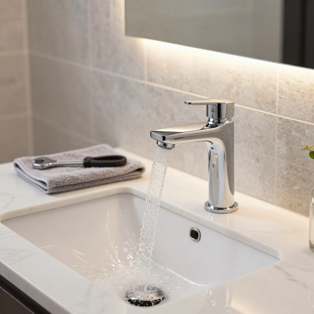 A stylish bathroom scene featuring an elegant waterfall faucet installation. In the foreground, showcase a polished chrome waterfall faucet gracefully positioned above a modern sink with smooth, white marble surfaces. Water cascades gently from the faucet, creating a serene atmosphere. In the middle ground, include a neatly organized set of installation tools—like a wrench and pliers—on a clean, soft gray towel. The background is a tastefully decorated bathroom wall with subtle mosaic tiles and a large mirror that reflects the soft ambient lighting, giving a warm and inviting glow. Capture the image from a slightly elevated angle, emphasizing the sleek lines and contemporary design of the faucet, evoking a sense of luxury and tranquility. A stylish bathroom scene featuring an elegant waterfall faucet installation. In the foreground, showcase a polished chrome waterfall faucet gracefully positioned above a modern sink with smooth, white marble surfaces. Water cascades gently from the faucet, creating a serene atmosphere. In the middle ground, include a neatly organized set of installation tools—like a wrench and pliers—on a clean, soft gray towel. The background is a tastefully decorated bathroom wall with subtle mosaic tiles and a large mirror that reflects the soft ambient lighting, giving a warm and inviting glow. Capture the image from a slightly elevated angle, emphasizing the sleek lines and contemporary design of the faucet, evoking a sense of luxury and tranquility.