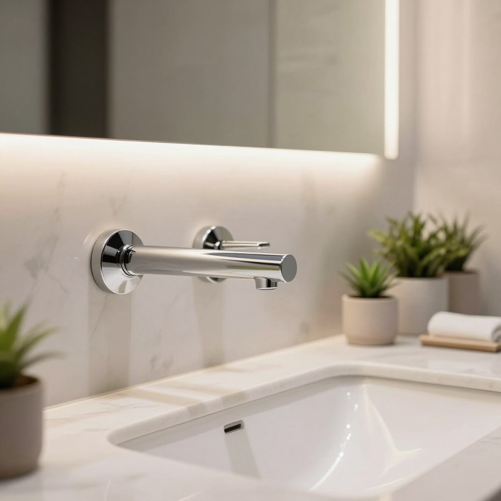 A stylish bathroom setting featuring elegant wall mounted faucets, showcasing a sleek chrome design with minimalist handles. In the foreground, the faucets are mounted above a modern, white ceramic sink with a smooth, polished surface. The middle ground includes a beautiful marble countertop adorned with small potted plants that add a touch of greenery. The background reveals a softly lit bathroom with a large mirror reflecting warm, ambient lighting, creating an inviting atmosphere. The scene is captured with a shallow depth of field, focusing on the intricacies of the faucets while gently blurring the surroundings. This composition conveys a sense of luxury and contemporary design, highlighting the appeal of wall mounted bathroom faucets. A stylish bathroom setting featuring elegant wall mounted faucets, showcasing a sleek chrome design with minimalist handles. In the foreground, the faucets are mounted above a modern, white ceramic sink with a smooth, polished surface. The middle ground includes a beautiful marble countertop adorned with small potted plants that add a touch of greenery. The background reveals a softly lit bathroom with a large mirror reflecting warm, ambient lighting, creating an inviting atmosphere. The scene is captured with a shallow depth of field, focusing on the intricacies of the faucets while gently blurring the surroundings. This composition conveys a sense of luxury and contemporary design, highlighting the appeal of wall mounted bathroom faucets.