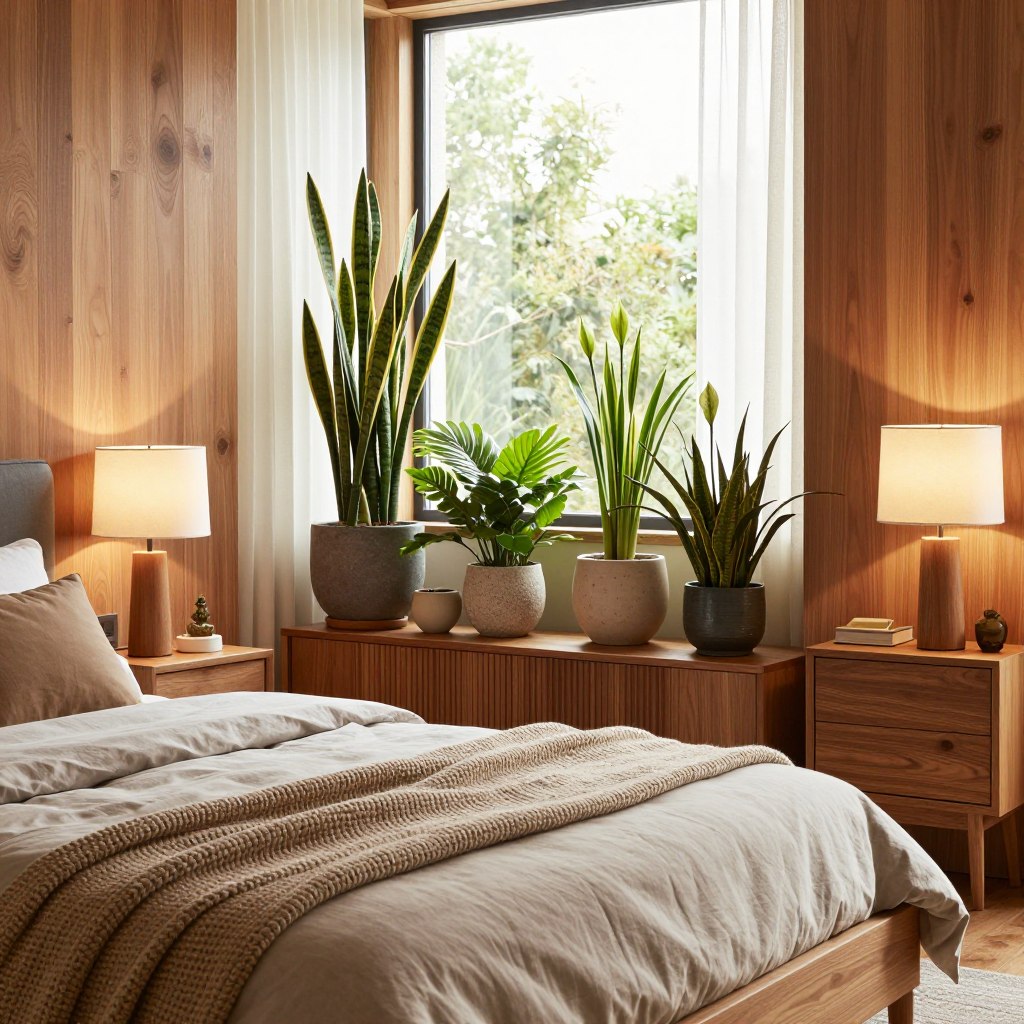 A stylish bedroom makeover featuring natural elements that promote relaxation and aesthetics. In the foreground, a beautifully made queen-sized bed is adorned with soft, earthy-toned linens and a textured knitted throw. On either side of the bed, sleek wooden nightstands hold contemporary lamps. In the middle, a mix of lush green plants, such as snake plants and peace lilies, are strategically placed on shelves and in decorative pots, enhancing the natural ambiance. The background showcases a large window with sheer curtains allowing warm, soft natural light to flood the room, highlighting the rich grain of the wooden furniture. The overall mood is serene and inviting, perfect for boosting sleep and style simultaneously. The scene captures a cozy, modern aesthetic, ideal for promoting relaxation.