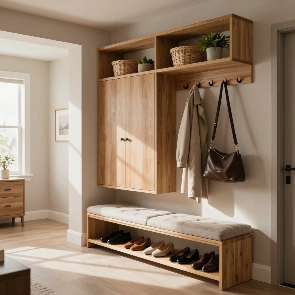A stylish entryway featuring elegant storage solutions made from natural wood and adorned in neutral colors. In the foreground, showcase a neatly organized shoe bench with plush cushions, complemented by hanging hooks for coats and bags. The middle layer includes a tall wooden cabinet with open shelves displaying decorative baskets and potted plants, creating a sense of warmth. The background reveals a light-filled corridor with soft, natural light filtering through a nearby window, casting gentle shadows. Use a wide-angle lens to capture the spacious feel, while emphasizing the harmonious blend of style and functionality. The overall atmosphere should feel inviting and serene, perfect for welcoming guests.