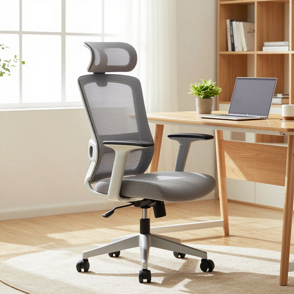 A stylish ergonomic office chair designed for a modern home office setup is the focal point of the image. The chair features a sleek design with lumbar support, adjustable armrests, and breathable mesh material, all in a neutral color palette. In the foreground, the chair is positioned next to a minimalist wooden desk with a tidy workspace, showcasing a laptop, potted plant, and a coffee mug. The middle ground reveals soft, natural lighting filtering through a nearby window, casting gentle shadows that enhance the atmosphere of productivity and comfort. In the background, there are bookshelves lined with neatly arranged books and a soft rug underfoot that adds warmth to the room. The overall mood is inviting and inspiring, perfect for a creative home office environment that balances comfort with functionality. A stylish ergonomic office chair designed for a modern home office setup is the focal point of the image. The chair features a sleek design with lumbar support, adjustable armrests, and breathable mesh material, all in a neutral color palette. In the foreground, the chair is positioned next to a minimalist wooden desk with a tidy workspace, showcasing a laptop, potted plant, and a coffee mug. The middle ground reveals soft, natural lighting filtering through a nearby window, casting gentle shadows that enhance the atmosphere of productivity and comfort. In the background, there are bookshelves lined with neatly arranged books and a soft rug underfoot that adds warmth to the room. The overall mood is inviting and inspiring, perfect for a creative home office environment that balances comfort with functionality.