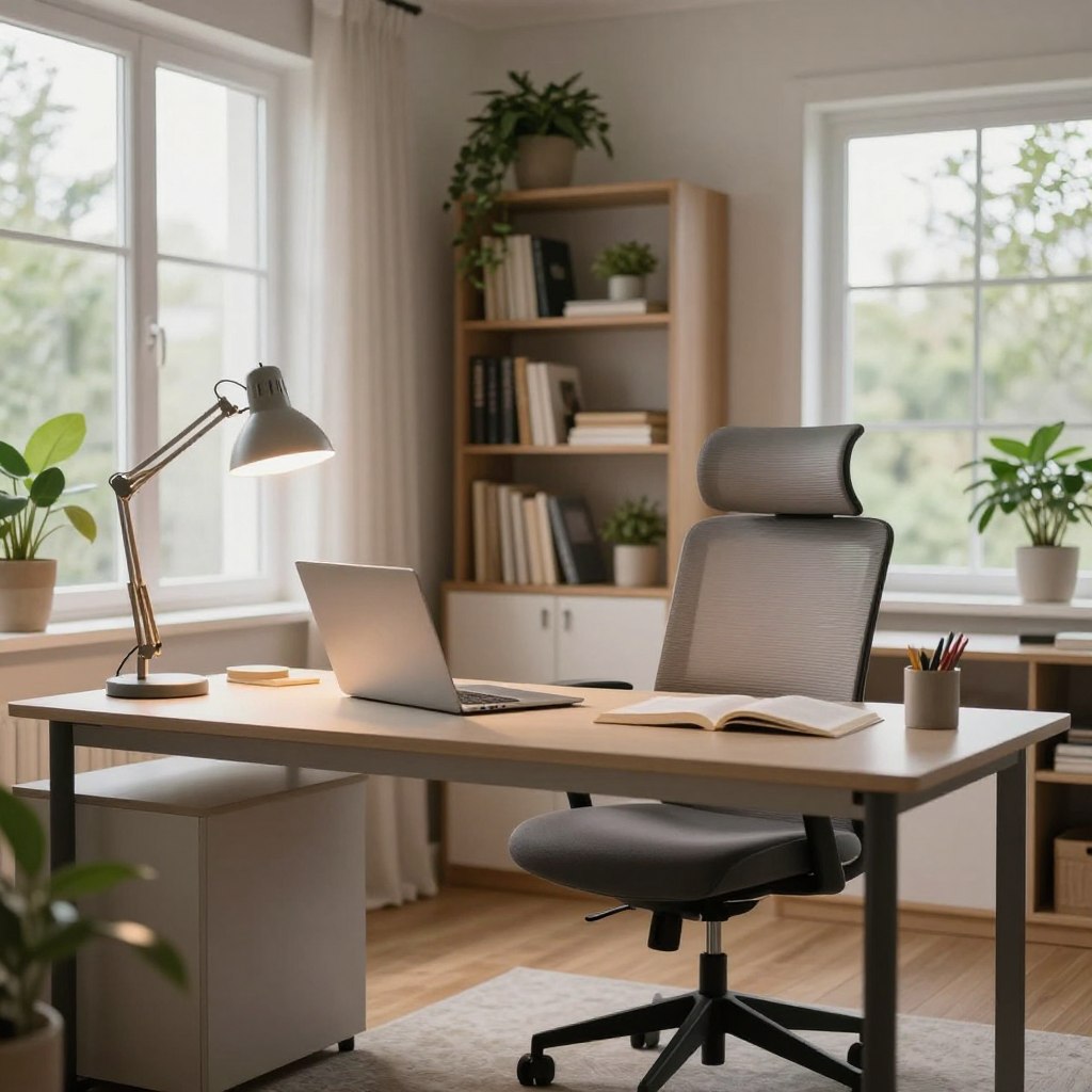 A stylish home office designed for productivity, featuring a sleek desk with a modern ergonomic chair, positioned near a large window allowing natural light to flood the space. A well-organized bookshelf is in the background, filled with books and decorative plants. The foreground includes an elegant task lamp casting warm, focused light on the desk, complemented by ambient lighting fixtures. The color palette is calming, with soft neutrals and hints of greenery. The scene is shot from a slight angle, emphasizing depth and inviting atmosphere. Overall, the mood is fresh, inspiring, and conducive to focused work, illustrating a balanced approach between natural and artificial lighting in a productive environment. A stylish home office designed for productivity, featuring a sleek desk with a modern ergonomic chair, positioned near a large window allowing natural light to flood the space. A well-organized bookshelf is in the background, filled with books and decorative plants. The foreground includes an elegant task lamp casting warm, focused light on the desk, complemented by ambient lighting fixtures. The color palette is calming, with soft neutrals and hints of greenery. The scene is shot from a slight angle, emphasizing depth and inviting atmosphere. Overall, the mood is fresh, inspiring, and conducive to focused work, illustrating a balanced approach between natural and artificial lighting in a productive environment.
