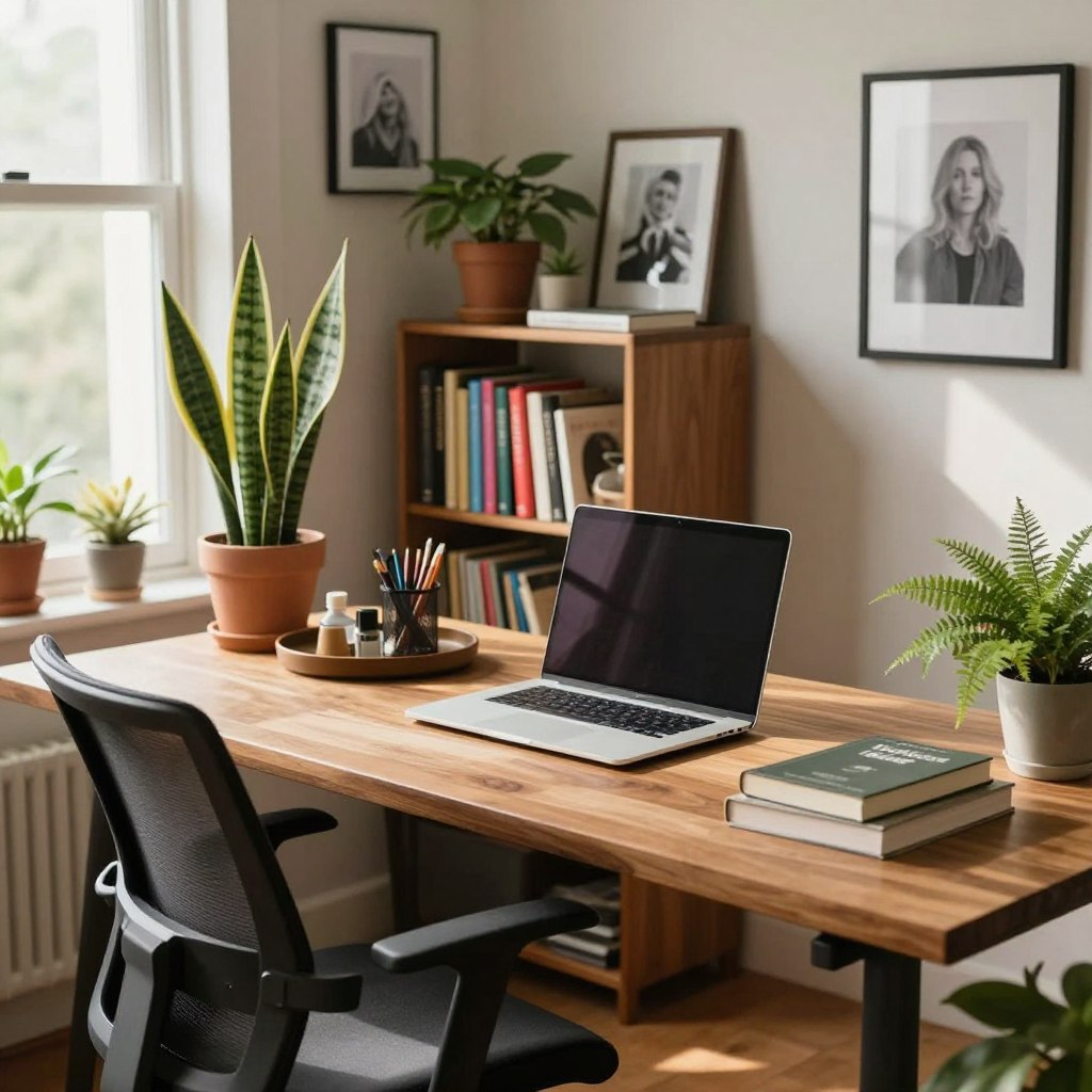 A stylish home office featuring a large wooden desk with a modern ergonomic chair in the foreground. On the desk, there's a sleek laptop, a stack of books, and a decorative tray with office supplies arranged neatly. Lush potted plants, such as a snake plant and a small fern, add a touch of greenery, while framed personal photos and art pieces are placed on the walls and desk, showcasing individuality. The middle ground includes a cozy bookshelf filled with colorful books and more plants, enhancing the creative atmosphere. Soft, natural light filters through a large window, casting gentle shadows and creating a warm, inviting mood. The image captures an organized, personalized workspace designed to inspire productivity, viewed from a slight angle to emphasize depth and elements. A stylish home office featuring a large wooden desk with a modern ergonomic chair in the foreground. On the desk, there's a sleek laptop, a stack of books, and a decorative tray with office supplies arranged neatly. Lush potted plants, such as a snake plant and a small fern, add a touch of greenery, while framed personal photos and art pieces are placed on the walls and desk, showcasing individuality. The middle ground includes a cozy bookshelf filled with colorful books and more plants, enhancing the creative atmosphere. Soft, natural light filters through a large window, casting gentle shadows and creating a warm, inviting mood. The image captures an organized, personalized workspace designed to inspire productivity, viewed from a slight angle to emphasize depth and elements.