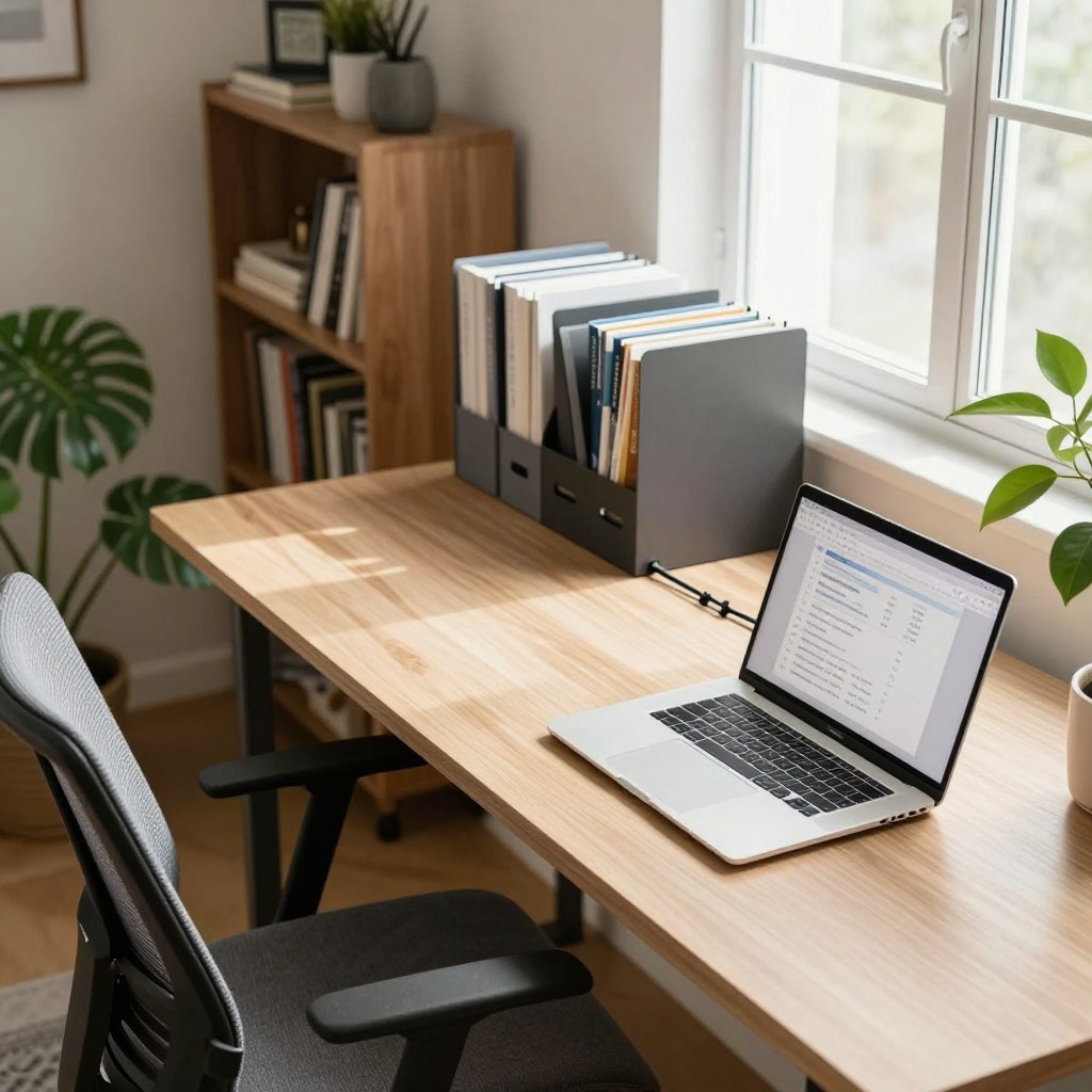 A stylish home office setup featuring a modern desk with an ergonomic chair, neatly organized cables running along the desk edges, and a sophisticated filing system in the background. In the foreground, show a sleek laptop open to a productivity app, alongside fresh green plants for a touch of nature. The middle ground includes a cozy bookshelf filled with neatly arranged books and decor items. Soft, natural lighting streams in from a large window, creating a warm and inviting atmosphere. Capture the scene from a slightly elevated angle to emphasize the layout and organization, conveying a sense of professionalism and inspiration that makes working feel effortless and enjoyable. A stylish home office setup featuring a modern desk with an ergonomic chair, neatly organized cables running along the desk edges, and a sophisticated filing system in the background. In the foreground, show a sleek laptop open to a productivity app, alongside fresh green plants for a touch of nature. The middle ground includes a cozy bookshelf filled with neatly arranged books and decor items. Soft, natural lighting streams in from a large window, creating a warm and inviting atmosphere. Capture the scene from a slightly elevated angle to emphasize the layout and organization, conveying a sense of professionalism and inspiration that makes working feel effortless and enjoyable.