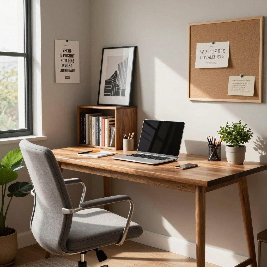 A stylish home workspace designed for productivity, featuring a sleek wooden desk with a laptop and organized stationery. In the foreground, a comfortable ergonomic chair and a potted plant add a touch of greenery. The middle ground showcases a bookshelf filled with inspiring books and a framed artwork reflecting a modern aesthetic. Soft, natural light streams in through a large window, casting gentle shadows across the room. The background boasts neutral-colored walls with motivational quotes and a large bulletin board. The overall atmosphere is calm and inspiring, encouraging focus and creativity, ideal for a professional home office setting. No humans are present, allowing the decor to take center stage. A stylish home workspace designed for productivity, featuring a sleek wooden desk with a laptop and organized stationery. In the foreground, a comfortable ergonomic chair and a potted plant add a touch of greenery. The middle ground showcases a bookshelf filled with inspiring books and a framed artwork reflecting a modern aesthetic. Soft, natural light streams in through a large window, casting gentle shadows across the room. The background boasts neutral-colored walls with motivational quotes and a large bulletin board. The overall atmosphere is calm and inspiring, encouraging focus and creativity, ideal for a professional home office setting. No humans are present, allowing the decor to take center stage.
