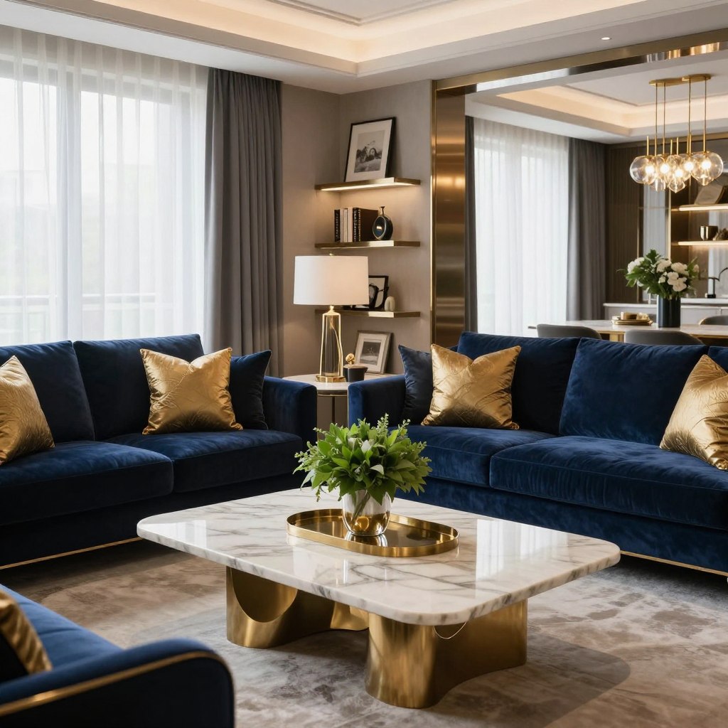 A stylish living room interior that embodies affordable luxury home decor, featuring elegant marble surfaces and gleaming brass accents. In the foreground, a plush velvet sofa in deep navy blue is adorned with chic, gold-patterned cushions. A chic marble coffee table, accented with a sculptural brass base, holds a minimalistic centerpiece of fresh greenery. In the middle ground, a contemporary bookshelf displays tasteful decor and art books, while stylish brass and glass lighting fixtures illuminate the space. The background features large windows draped with sheer curtains, allowing soft natural light to flood in. The atmosphere is inviting and sophisticated, with a warm yet modern color palette. The scene conveys a sense of tranquility and refinement, perfect for illustrating luxury within reach.