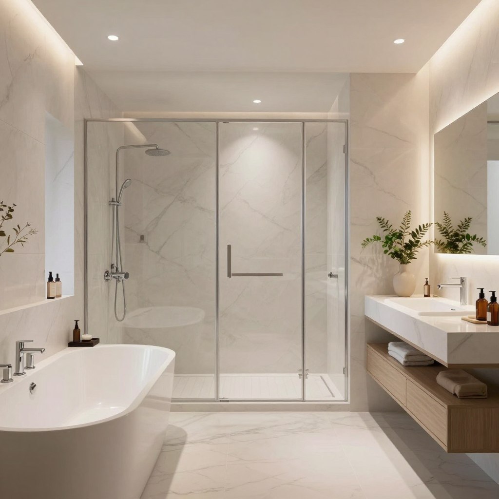 A stylish modern bathroom featuring a freestanding soaking tub surrounded by elegant marble tiles, complemented by a large window allowing natural light to flood the space. In the foreground, plush towels neatly arranged on a ladder rack, and a small potted plant enhancing the serene atmosphere. In the middle, a sleek double vanity adorned with under-mounted sinks, polished chrome fixtures, and a large mirror reflecting the contemporary style. The background showcases a walk-in shower with glass doors and modern rain showerhead, all illuminated by soft, warm lighting. A calming color palette of whites, grays, and soft blues creates an inviting ambiance perfect for relaxation. The overall mood is tranquil and luxurious, ideal for a modern home bathroom.