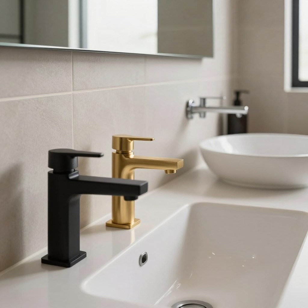 A stylish modern bathroom featuring a variety of sleek, innovative faucet designs on a minimalist sink. In the foreground, showcase a contemporary matte black faucet with geometric angles alongside a chic brushed gold one with a polished finish. In the middle, include a wall-mounted faucet with clean lines, complemented by a vessel sink for added elegance. The background presents a tastefully arranged bathroom setting with neutral tones, large ceramic tiles, and soft natural light streaming in from a window. The atmosphere is serene and sophisticated, embodying modern luxury. Capture the scene from an angled perspective to highlight the faucets and their unique styles, with a slight depth of field for added focus. A stylish modern bathroom featuring a variety of sleek, innovative faucet designs on a minimalist sink. In the foreground, showcase a contemporary matte black faucet with geometric angles alongside a chic brushed gold one with a polished finish. In the middle, include a wall-mounted faucet with clean lines, complemented by a vessel sink for added elegance. The background presents a tastefully arranged bathroom setting with neutral tones, large ceramic tiles, and soft natural light streaming in from a window. The atmosphere is serene and sophisticated, embodying modern luxury. Capture the scene from an angled perspective to highlight the faucets and their unique styles, with a slight depth of field for added focus.