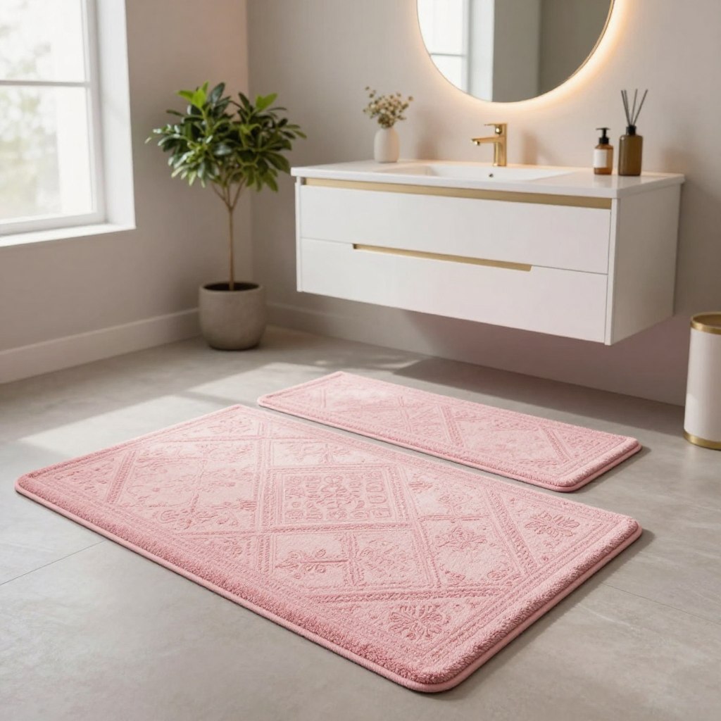 A stylish modern bathroom showcasing a set of soft pink bathroom rugs. In the foreground, the rugs are plush and well-textured, with intricate patterns adding elegance. The middle ground features a sleek white vanity with minimalistic gold hardware and a large, round mirror reflecting warm ambient lighting. The background consists of neutral-colored walls and contemporary fixtures, with greenery from a potted plant adding a pop of freshness. Soft natural light filters in from a window, casting gentle shadows that enhance the cozy atmosphere. The scene exudes a sense of comfort and sophistication, ideal for illustrating top brands in pink bathroom decor. A stylish modern bathroom showcasing a set of soft pink bathroom rugs. In the foreground, the rugs are plush and well-textured, with intricate patterns adding elegance. The middle ground features a sleek white vanity with minimalistic gold hardware and a large, round mirror reflecting warm ambient lighting. The background consists of neutral-colored walls and contemporary fixtures, with greenery from a potted plant adding a pop of freshness. Soft natural light filters in from a window, casting gentle shadows that enhance the cozy atmosphere. The scene exudes a sense of comfort and sophistication, ideal for illustrating top brands in pink bathroom decor.