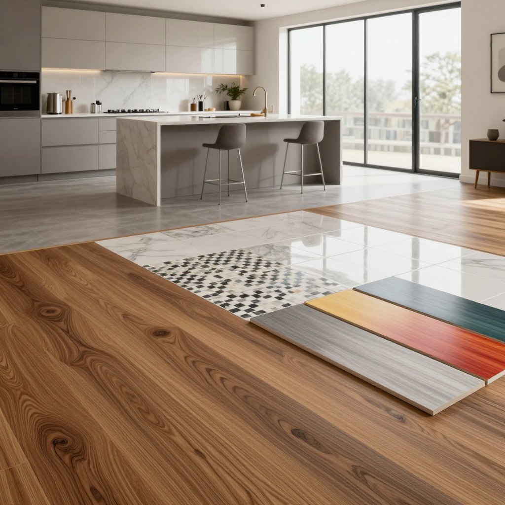 A stylish modern kitchen showcasing a variety of flooring options, featuring elegant hardwood, sleek ceramic tiles, and contemporary vinyl, arranged visually appealingly. The foreground includes polished wood with rich grain patterns, inlaid tile mosaics, and vibrant-colored vinyl samples, all seamlessly integrated. The middle ground presents a spacious kitchen island with barstools and a backdrop of minimalist cabinetry, complemented by a modern countertop. The background features large windows letting in abundant natural light, creating a bright and airy atmosphere. Use soft, diffused lighting to enhance the textures of the flooring materials and add a warm, inviting mood. Capture the scene from a slightly elevated angle, emphasizing the spaciousness and modern design elements of the kitchen.