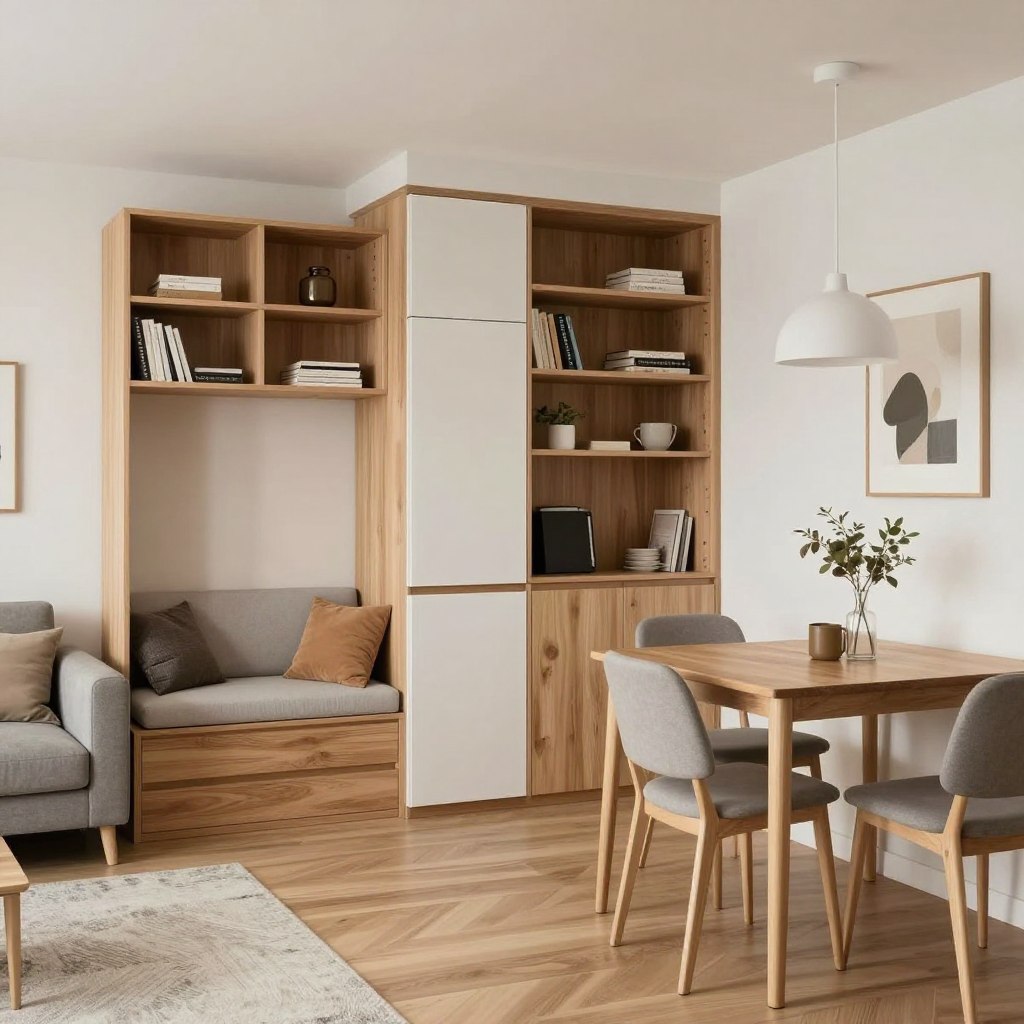 A stylish small apartment interior showcasing multifunctional furniture solutions. In the foreground, a sleek sofa that transforms into a bed, designed with modern fabrics and vibrant colors; next to it, a compact coffee table with hidden storage. The middle layer features a foldable dining table that extends to accommodate four, paired with minimalist chairs that can be tucked away. In the background, a well-organized wall unit with shelves and a desk combo that serves as both a workspace and display area. Soft, natural lighting from a large window creates an inviting atmosphere, with houseplants adding a touch of greenery. The angle captures the open layout, emphasizing efficiency and style in a cozy, contemporary setting. A stylish small apartment interior showcasing multifunctional furniture solutions. In the foreground, a sleek sofa that transforms into a bed, designed with modern fabrics and vibrant colors; next to it, a compact coffee table with hidden storage. The middle layer features a foldable dining table that extends to accommodate four, paired with minimalist chairs that can be tucked away. In the background, a well-organized wall unit with shelves and a desk combo that serves as both a workspace and display area. Soft, natural lighting from a large window creates an inviting atmosphere, with houseplants adding a touch of greenery. The angle captures the open layout, emphasizing efficiency and style in a cozy, contemporary setting.