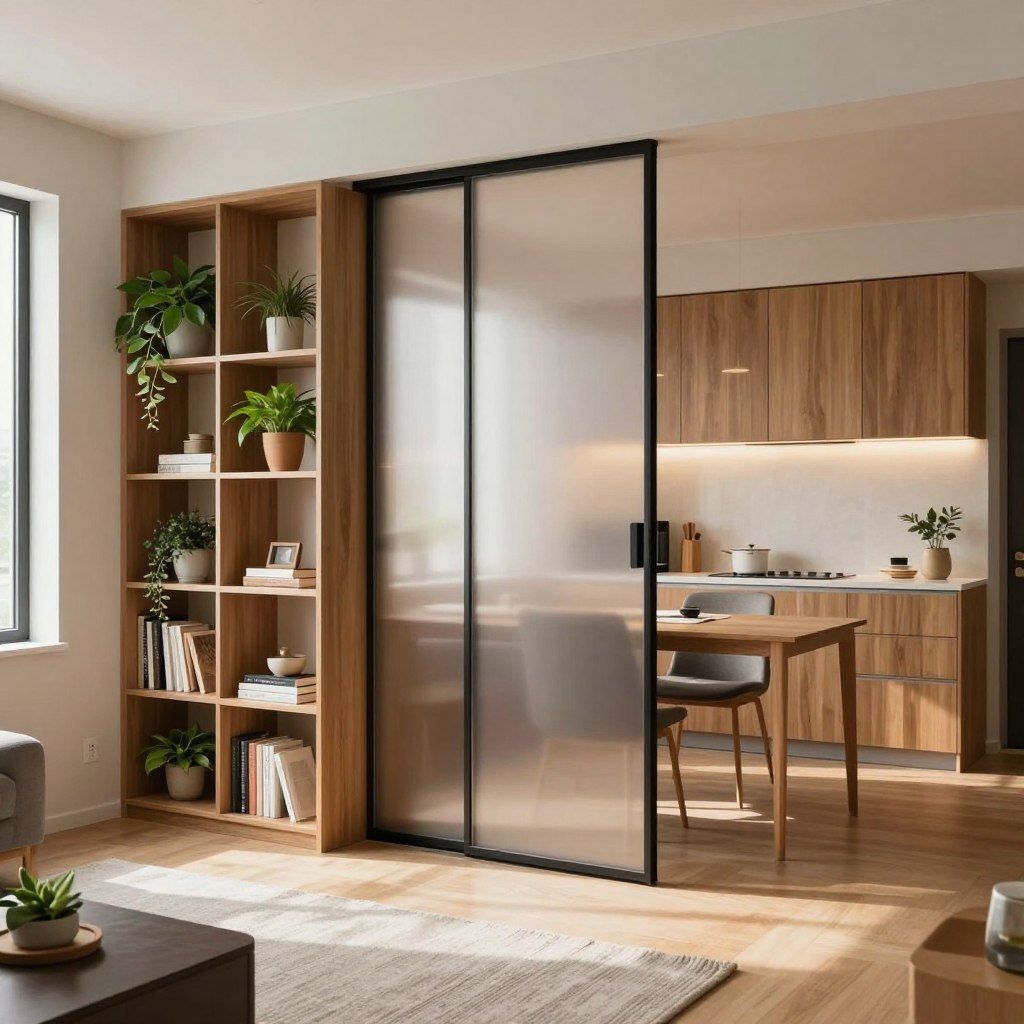 A stylish studio apartment showcasing innovative room dividers for small space design. In the foreground, a modern, multi-functional bookshelf serves as a clever room divider, filled with potted plants and decorative items. In the middle ground, a sleek, translucent sliding panel separates a cozy living area from a compact workspace, allowing light to filter through while maintaining privacy. The background features a minimalistic kitchenette with warm wooden accents and soft lighting that creates a welcoming atmosphere. The scene is illuminated with natural daylight streaming in from a nearby window, enhancing the open feel of the space. Capture the essence of versatility and elegance, reflecting an efficient use of a small apartment layout. A stylish studio apartment showcasing innovative room dividers for small space design. In the foreground, a modern, multi-functional bookshelf serves as a clever room divider, filled with potted plants and decorative items. In the middle ground, a sleek, translucent sliding panel separates a cozy living area from a compact workspace, allowing light to filter through while maintaining privacy. The background features a minimalistic kitchenette with warm wooden accents and soft lighting that creates a welcoming atmosphere. The scene is illuminated with natural daylight streaming in from a nearby window, enhancing the open feel of the space. Capture the essence of versatility and elegance, reflecting an efficient use of a small apartment layout.
