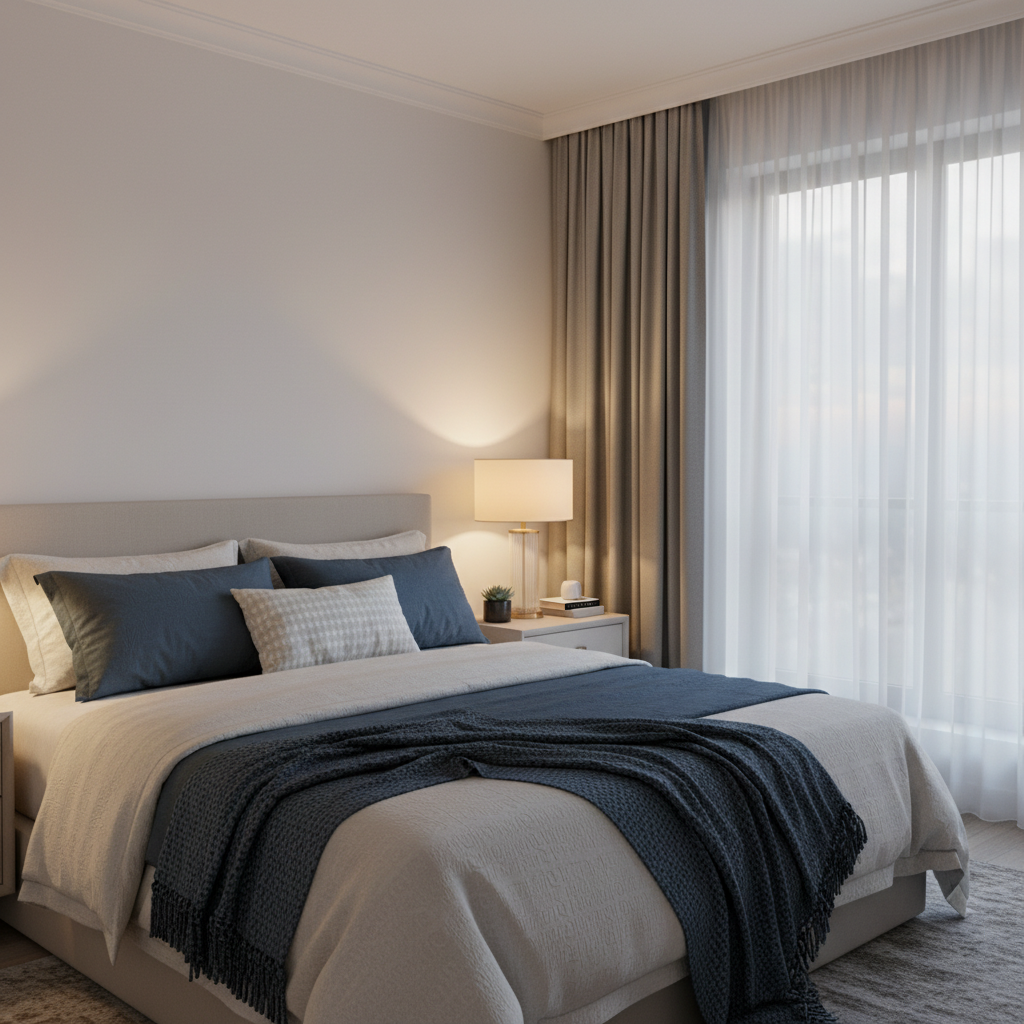 A tranquil bedroom designed as a sleep sanctuary, featuring soft, ambient lighting that promotes relaxation. In the foreground, a plush, neatly made bed with layered linens in calming hues like pale blue and soft white. On either side of the bed, elegant lamps with warm light bulbs provide a gentle glow. In the middle ground, tastefully arranged nightstands hold minimalistic decor and a small stack of books. The background features a large window draped in sheer curtains, allowing in soft, diffused natural light at dusk. The atmosphere is serene and inviting, evoking a sense of peace and comfort, perfect for restful sleep. Capture the scene with a slightly elevated angle to showcase the harmonious layout and soothing colors, emphasizing coziness and style.