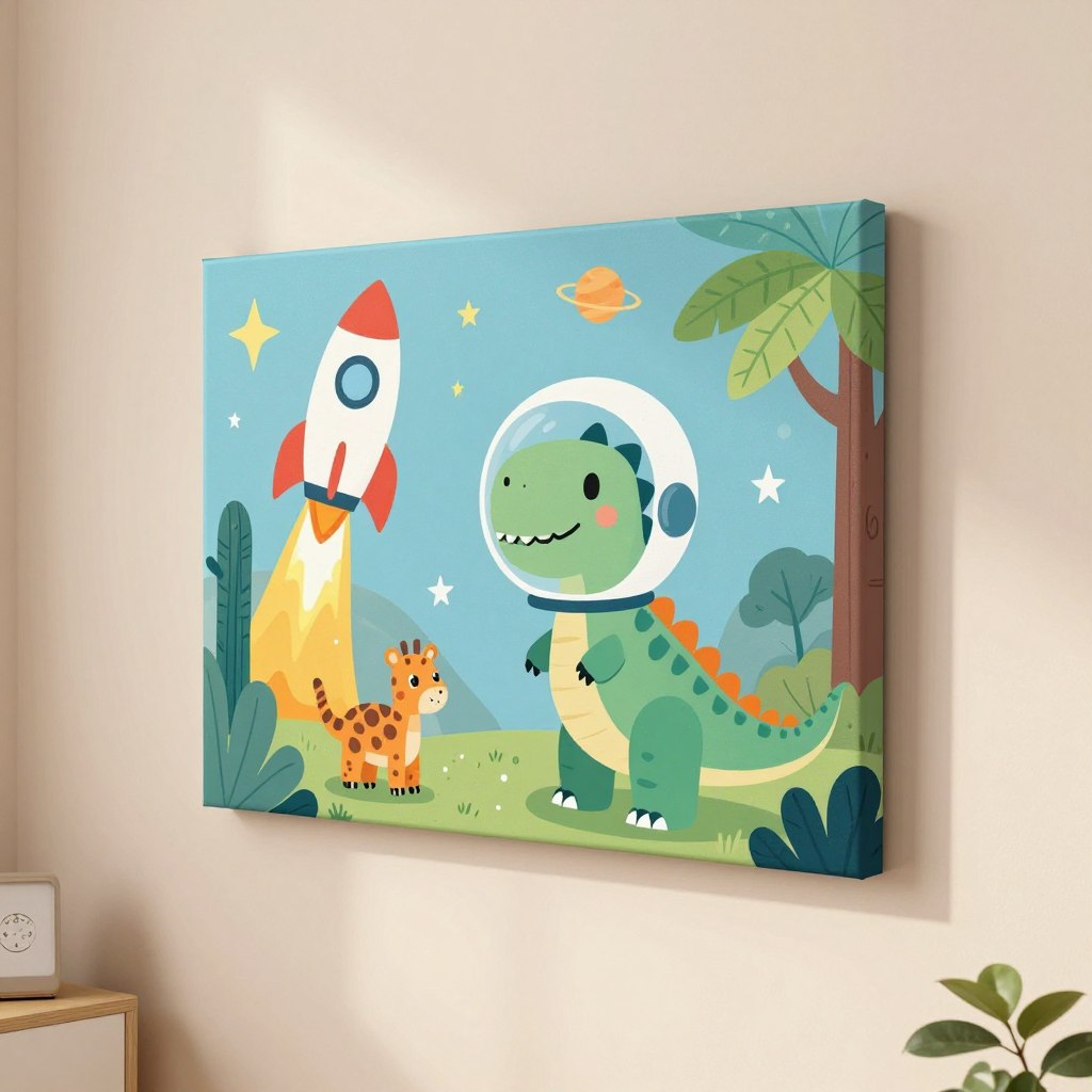 A vibrant and playful children's wall art scene designed for a boy's bedroom, featuring colorful illustrations of adventurous themes like rockets, dinosaurs, and jungle animals. In the foreground, a large canvas print of a friendly dinosaur wearing a space helmet stands proudly, surrounded by stars and planets. In the middle ground, playful scenes with vibrant colors depict a rocket launch and a jungle safari with cartoonish animals. The background includes soft, pastel-colored walls that create a cozy atmosphere, accented by subtle ambient lighting that highlights the artwork. The composition feels joyful and imaginative, evoking a sense of fun and creativity, perfect for inspiring young minds. The angle captures the art pieces slightly above eye level, inviting viewers to explore the whimsical details without any text overlays or distractions.