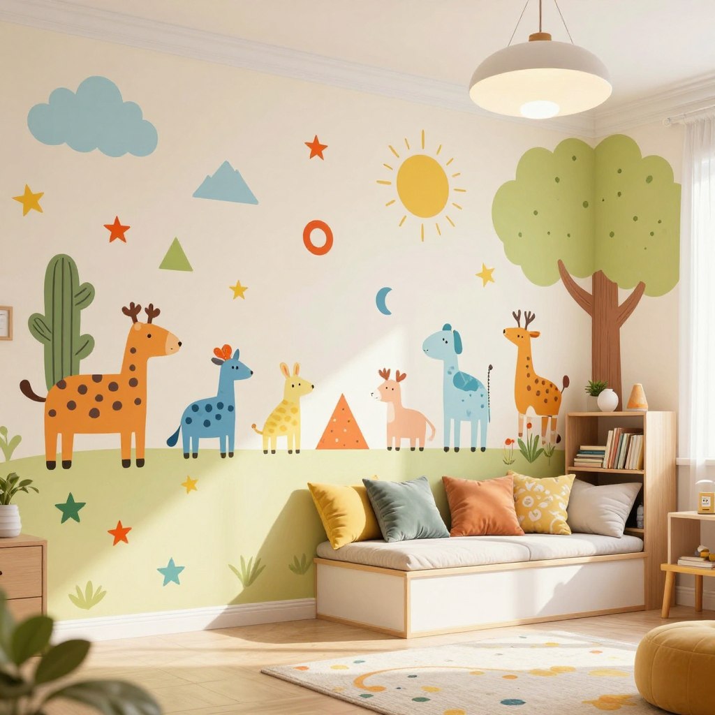 A vibrant and playful kids' room decor wall design, featuring an array of colorful elements such as whimsical animal illustrations, cheerful geometric shapes, and a whimsical tree mural. In the foreground, a bright accent wall adorned with hand-painted clouds and colorful stars creates a dreamy atmosphere. The middle section displays a cozy reading nook with plush cushions and a bookshelf overflowing with storybooks. In the background, a soft, warm light floods the room, emanating from a stylish ceiling lamp, casting gentle shadows that enhance the inviting ambiance. The scene captures the essence of fun and creativity, with an overall feel of joy and imagination, perfect for a bright and cheerful kids' space.