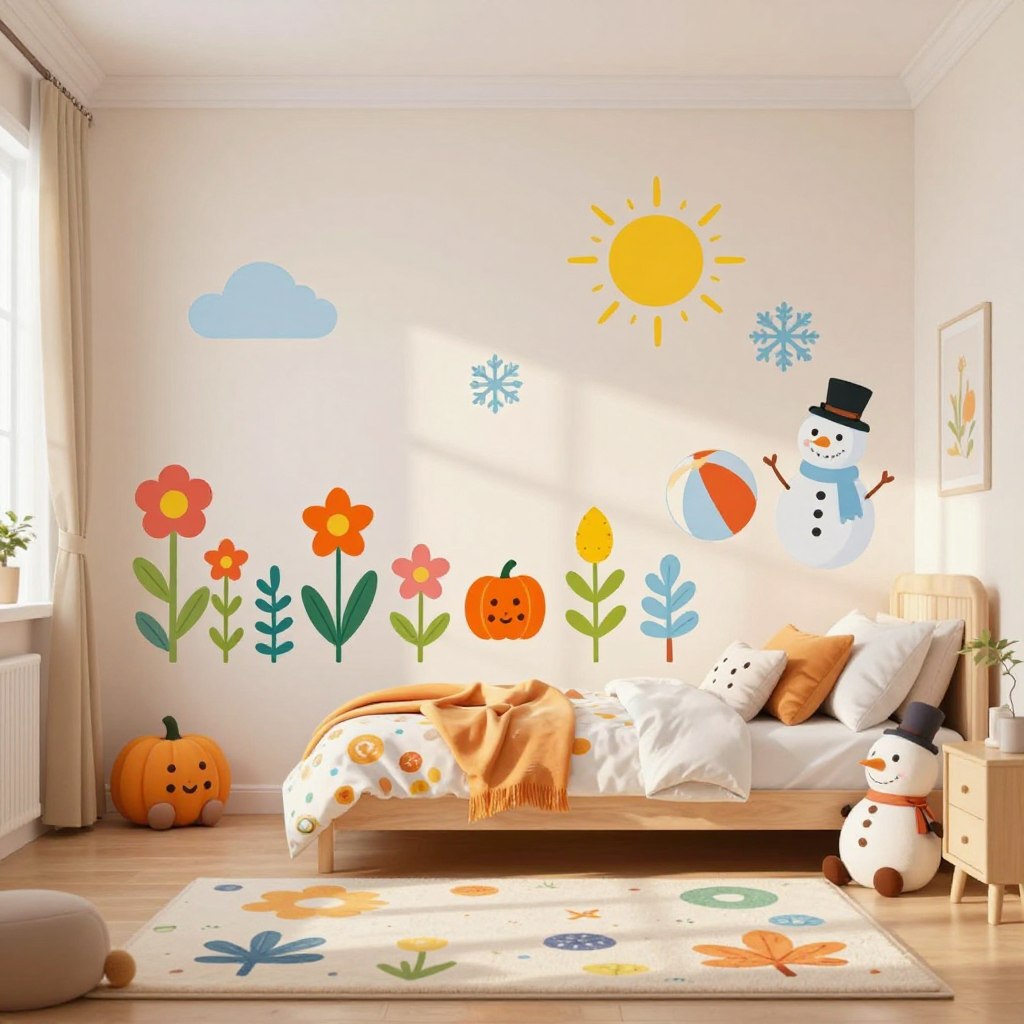 A vibrant and playful kids' room featuring seasonal wall stickers designed to refresh the space. In the foreground, colorful wall decals representing different seasons—such as cheerful flowers for spring, playful suns and beach balls for summer, bright leaves and pumpkins for autumn, and whimsical snowflakes and snowmen for winter—create a lively atmosphere. The middle section includes a cozy bed with playful bedding, soft plush toys, and a cheerful rug to complement the stickers. In the background, light streams in through a window adorned with light curtains, casting a warm and inviting glow across the room. The overall mood is fun, bright, and imaginative, perfect for a child's space. Use a soft focus lens effect to enhance the whimsical vibe while ensuring the details of the decor remain clear and engaging.
