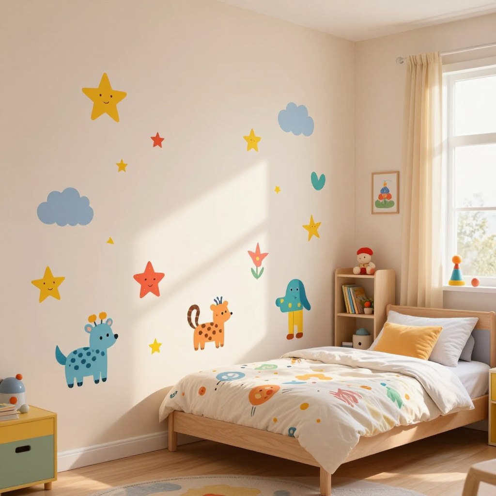 A vibrant and playful kids' room featuring various colorful wall stickers and decals. In the foreground, an array of whimsical stickers including animals, stars, and fantastical clouds decorates a light pastel wall. The middle ground showcases a cozy bed with a cheerful bedding set, additional wall decals, and a small bookshelf filled with playful toys and books. In the background, a large window allows soft, warm sunlight to filter in, highlighting the stickers’ colors, creating a bright and inviting atmosphere. The scene is captured from a slightly elevated angle, emphasizing the warmth and imagination of the space, evoking a sense of fun and creativity perfect for a child’s room.
