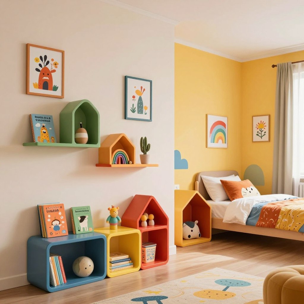 A vibrant children's room featuring creative wall decor that includes functional shelving and storage solutions. In the foreground, colorful, uniquely shaped shelves display an array of books, toys, and playful decorations, such as whimsical wall art and framed illustrations. The middle ground reveals a cozy bed adorned with cheerful bedding, complemented by plush animal cushions, while a small, inviting reading nook sits beside it. The background showcases bright, cheerful wall colors with fun patterns, enhancing the playful atmosphere. Soft, warm lighting illuminates the space, creating a welcoming and imaginative environment. The angle is slightly elevated, offering a view that encapsulates the room's charm and functionality, emphasizing a balance between decor and practicality for kids.