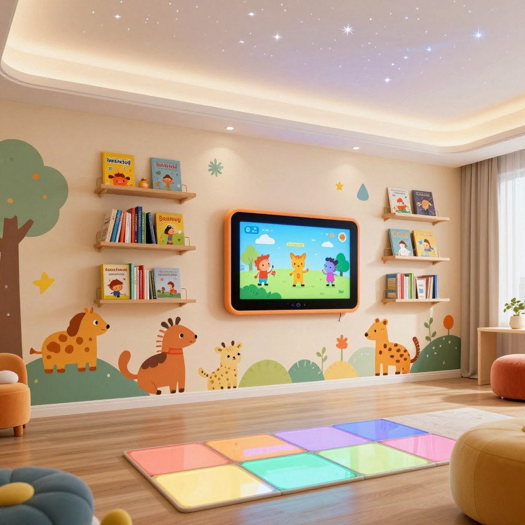 A vibrant children's room wall adorned with innovative decor that seamlessly integrates smart technology. In the foreground, a colorful mural features playful animals and whimsical motifs, with interactive LED tiles that change colors. In the middle, a charming wall-mounted tablet displays educational games and animated stories, framed by bookshelves filled with bright children's books. The background showcases a soft, illuminated sky ceiling with twinkling stars, enhancing a magical atmosphere. The lighting is soft and warm, creating a welcoming and playful ambiance, while a wide-angle view emphasizes the spaciousness of the room. The decor is stylish yet functional, ideal for fostering creativity and learning in a joyful space.