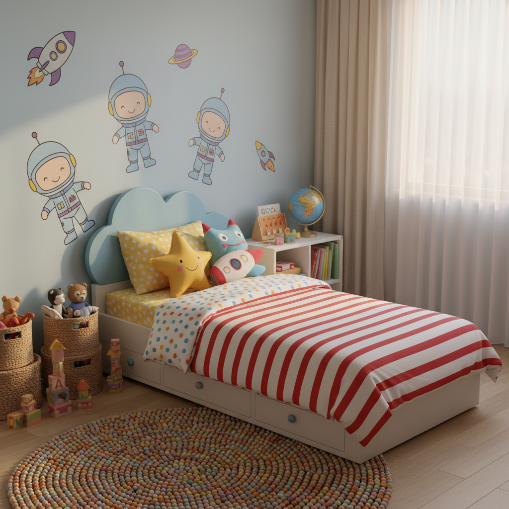 A vibrant kids' room decor filled with playful details, featuring colorful bedding with a mix of patterns like stripes and polka dots. The decor includes bright throw pillows in various shapes and playful wall art showcasing cartoon characters. In the foreground, a plush rug adds texture, while clever storage solutions like wicker baskets neatly organize toys. The middle ground highlights a cheerful bed with a fun headboard, surrounded by soft, glowing fairy lights draped across the wall, casting a warm ambiance. The background reveals cheerful pastel-colored walls with themed decals, enhancing the playful mood. The lighting is soft and inviting, mimicking a late afternoon glow, creating a cozy and stylish atmosphere perfect for a fun, imaginative space. The angle captures the room from a slightly elevated perspective, emphasizing color and style.