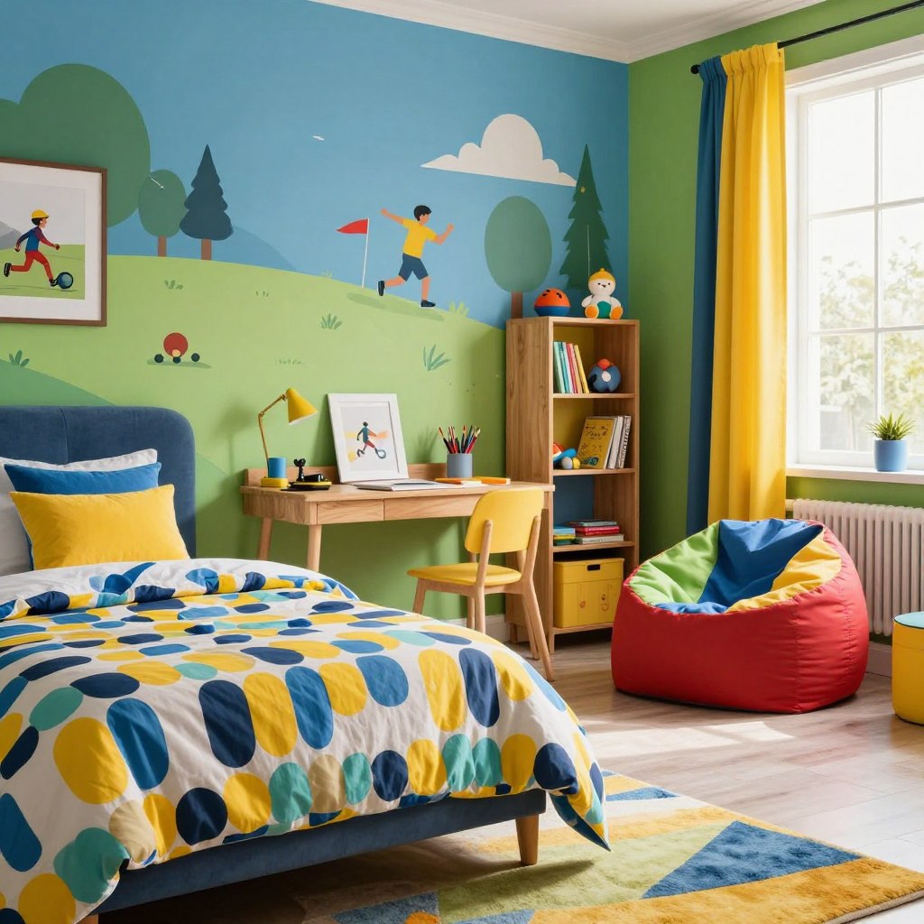 A vibrant, stylish boys' bedroom featuring colorful walls, showcasing a blend of blues, greens, and yellows. The foreground displays a trendy bed with a bold patterned duvet and matching pillows, alongside a colorful bean bag chair for a cozy reading nook. In the middle, a stylish wooden desk with art supplies and a small bookshelf filled with toys and books adds character. The background reveals a lively mural of sports and adventure themes, enhancing the energetic atmosphere. Soft, natural lighting streams in through a large window, highlighting the bright colors and inviting decor. A playful rug on the polished floor complements the cheerful vibe, creating an ideal space for a fun and stylish environment.