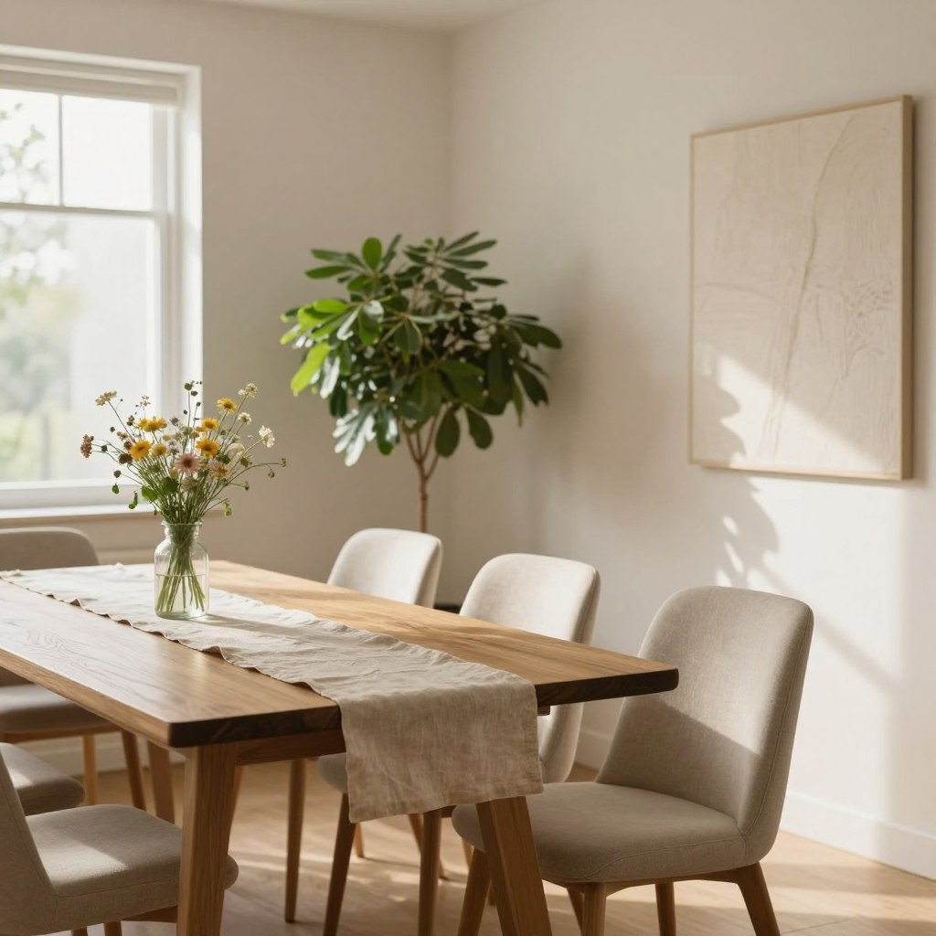 A warm minimalist dining area featuring natural decor elements that evoke a cozy, organic modern vibe. In the foreground, a simple wooden dining table is adorned with a soft linen table runner and a small vase of freshly picked wildflowers. The middle ground showcases four elegant, pale beige dining chairs with rounded edges, arranged around the table. A large potted plant with lush green leaves stands nearby, bringing life to the space. The background reveals a light, neutral-toned wall adorned with subtle, textured artwork. Soft, diffused sunlight floods the room through a large window, casting gentle shadows. The overall atmosphere is inviting and serene, perfect for family gatherings or intimate dinners. The image should be captured at eye level, using a wide-angle lens to encompass the entire scene warmly and harmoniously.